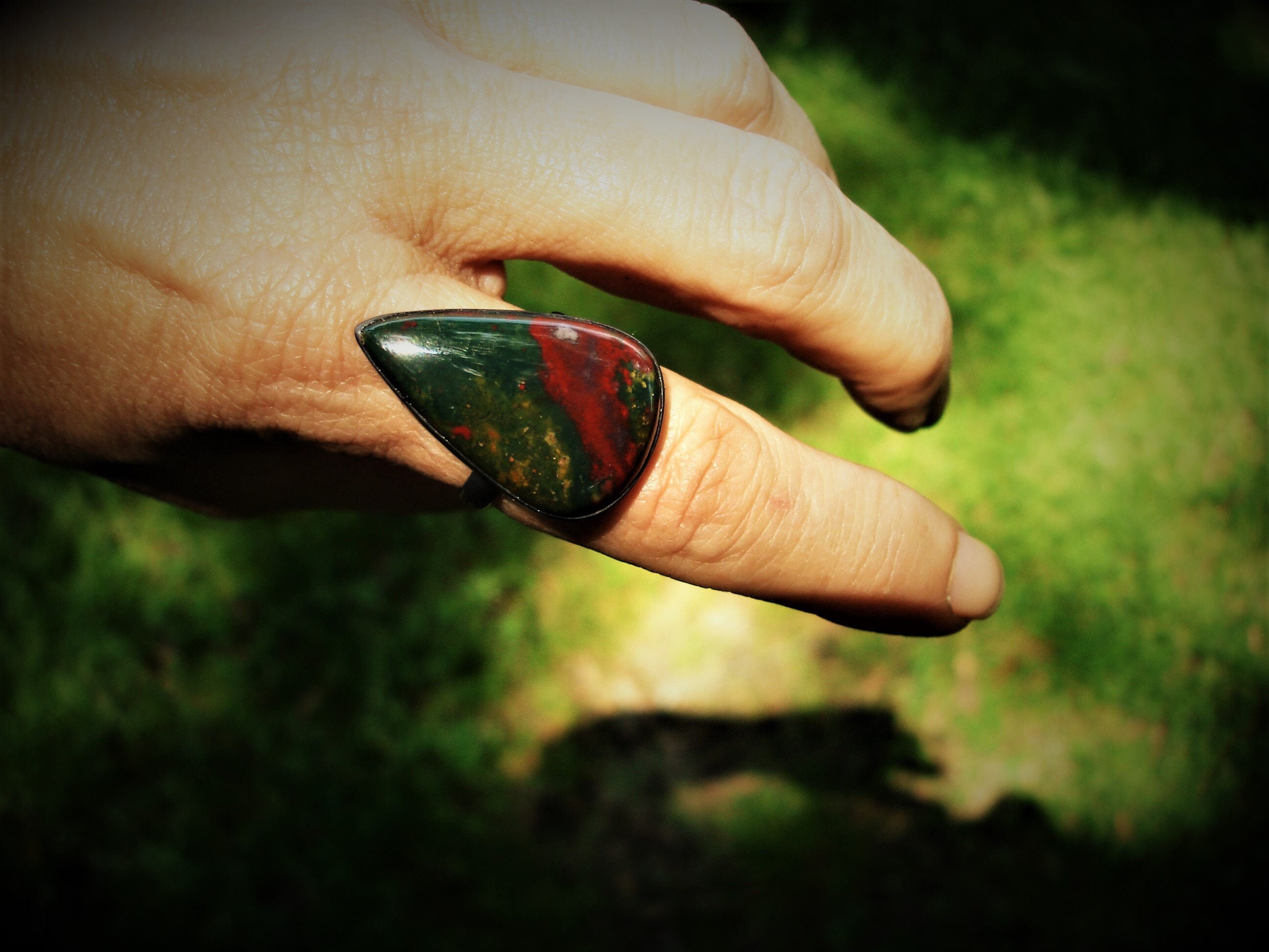 Bloodstone Large Triangle Teardrop Oxidized Sterling Silver Ring In A Size 9 1 / 4