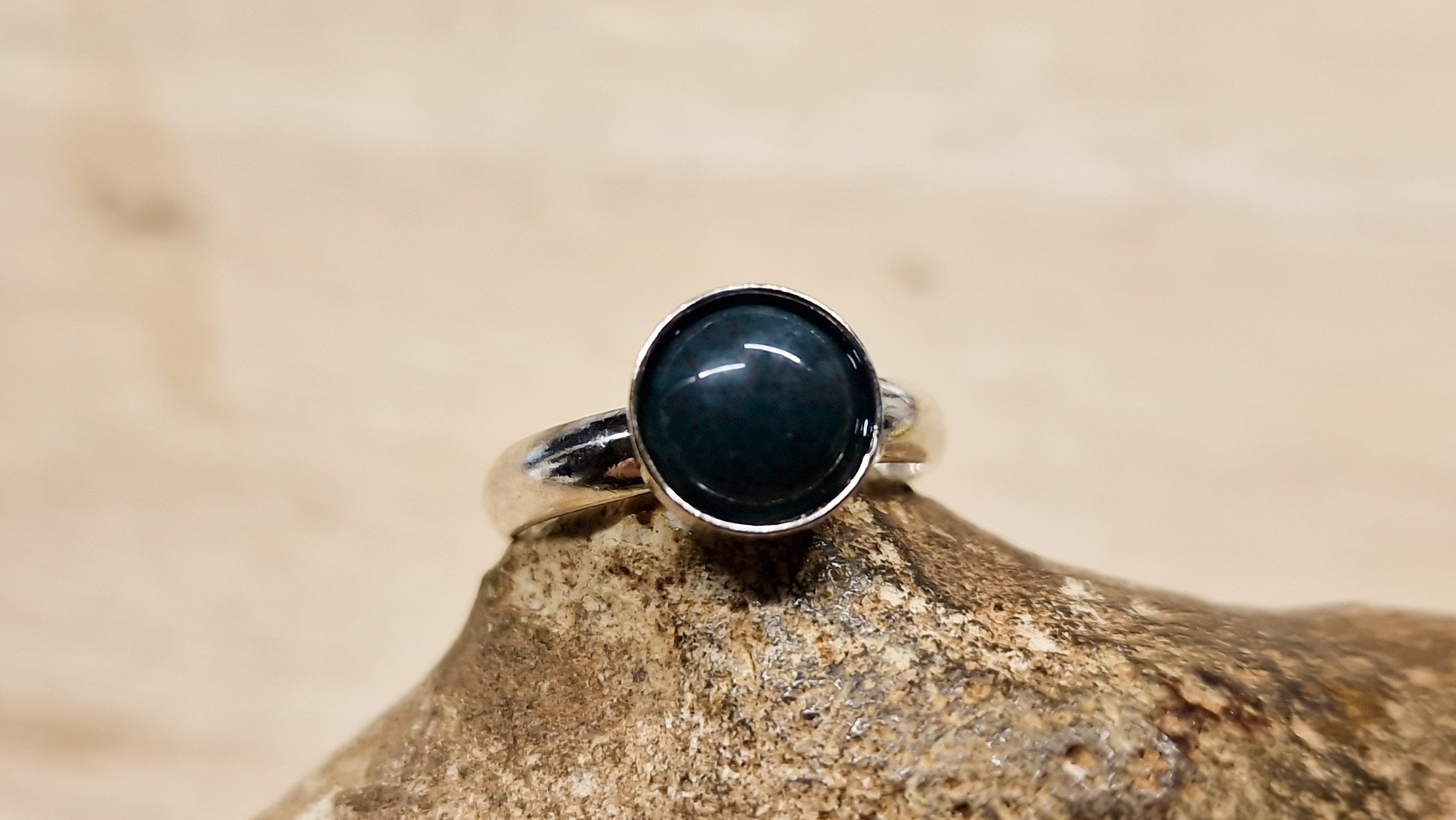Minimalist Round Bloodstone Ring. 925 Sterling Silver. March Birthstone Ring. Reiki Jewelry Uk. Women's Adjustable Stacking Ring. 8mm Stone