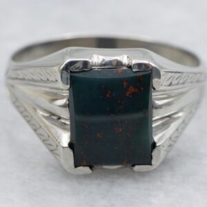 Retro 10K White Gold Bloodstone Ring, Emerald Cut Cabochon
