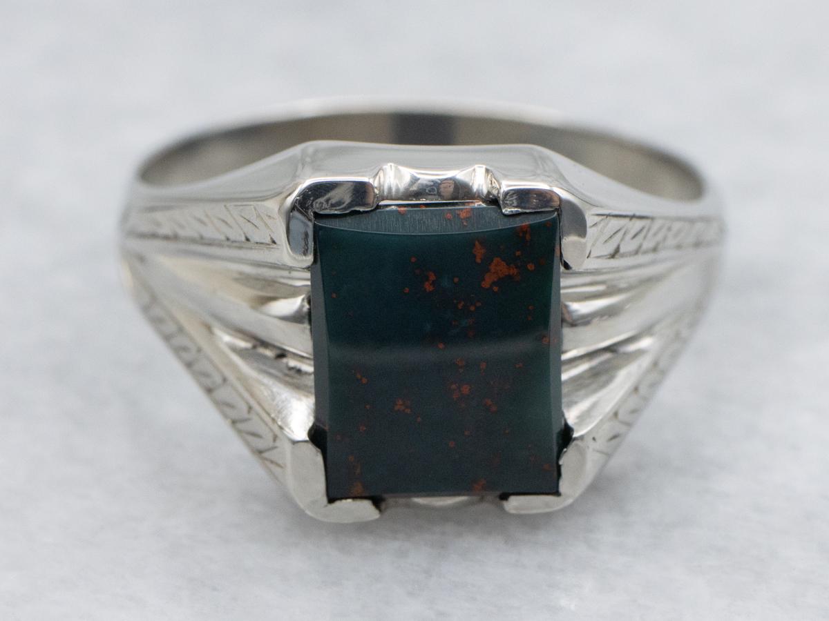 Retro 10k White Gold Bloodstone Ring, Emerald Cut Cabochon