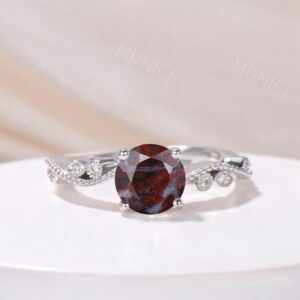 Round Bloodstone Engagement Ring 14K White Gold Art Deco Ring with Moissanite Milgrain Dainty Wedding Ring Unique Promise Ring Gift for Her