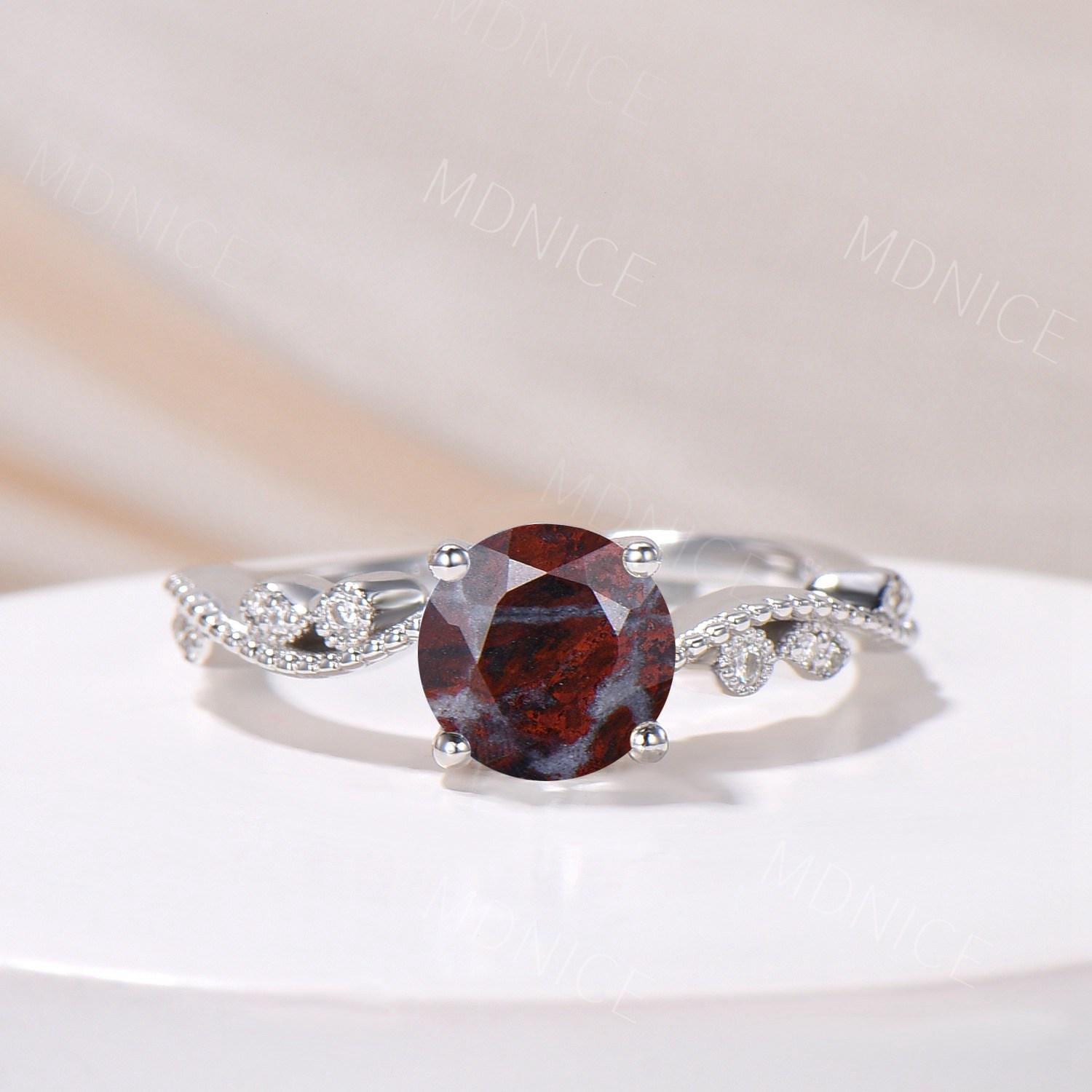 Round Bloodstone Engagement Ring 14k White Gold Art Deco Ring With Moissanite Milgrain Dainty Wedding Ring Unique Promise Ring Gift For Her