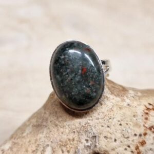 Simple Oval Green Bloodstone Ring. March Birthstone. 18x13mm Stone. Reiki Jewelry Uk. Adjustable 925 Sterling Silver Rings For Women.