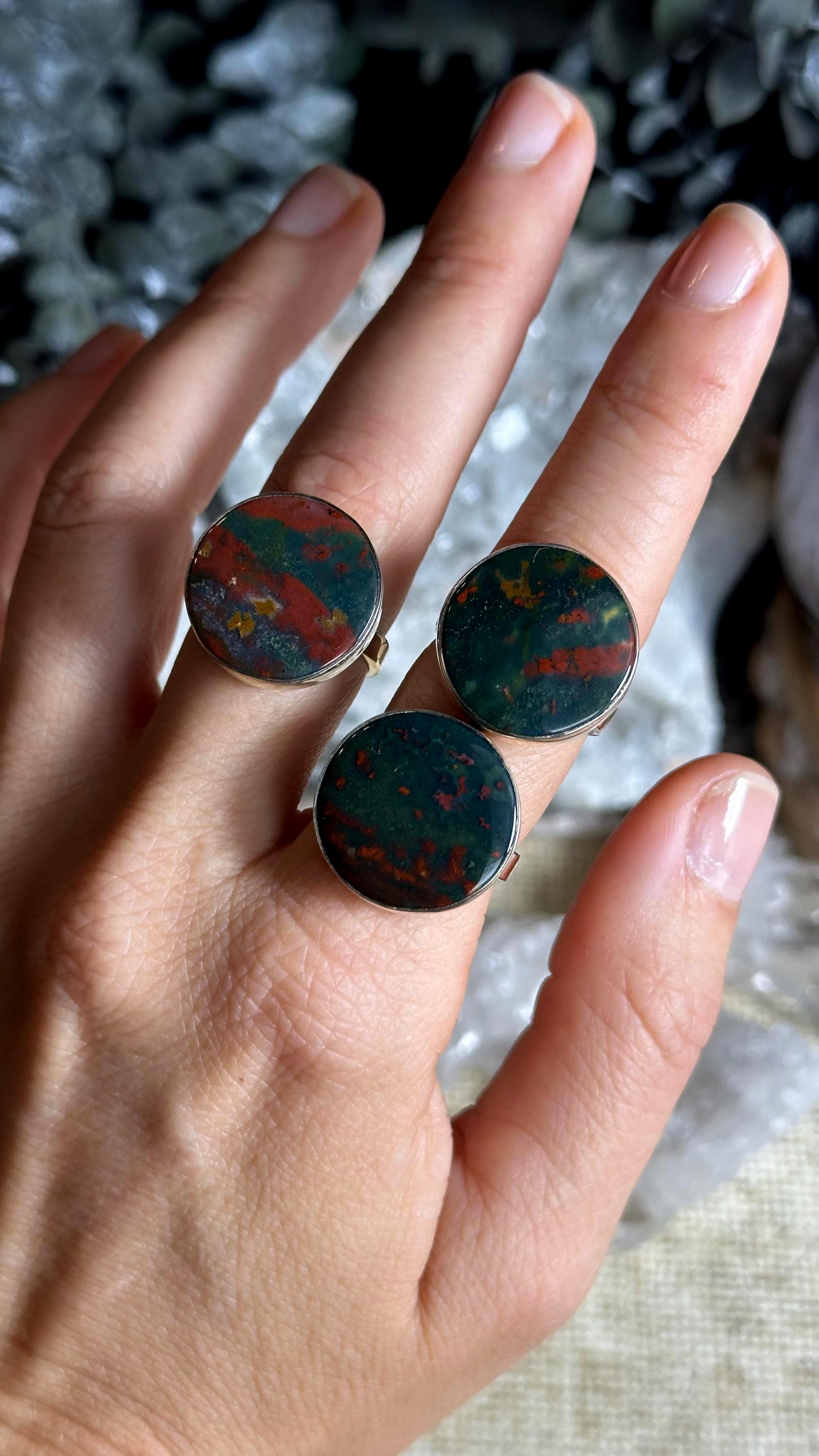 Statement Bloodstone Adjustable Ring, 925 Sterling Silver