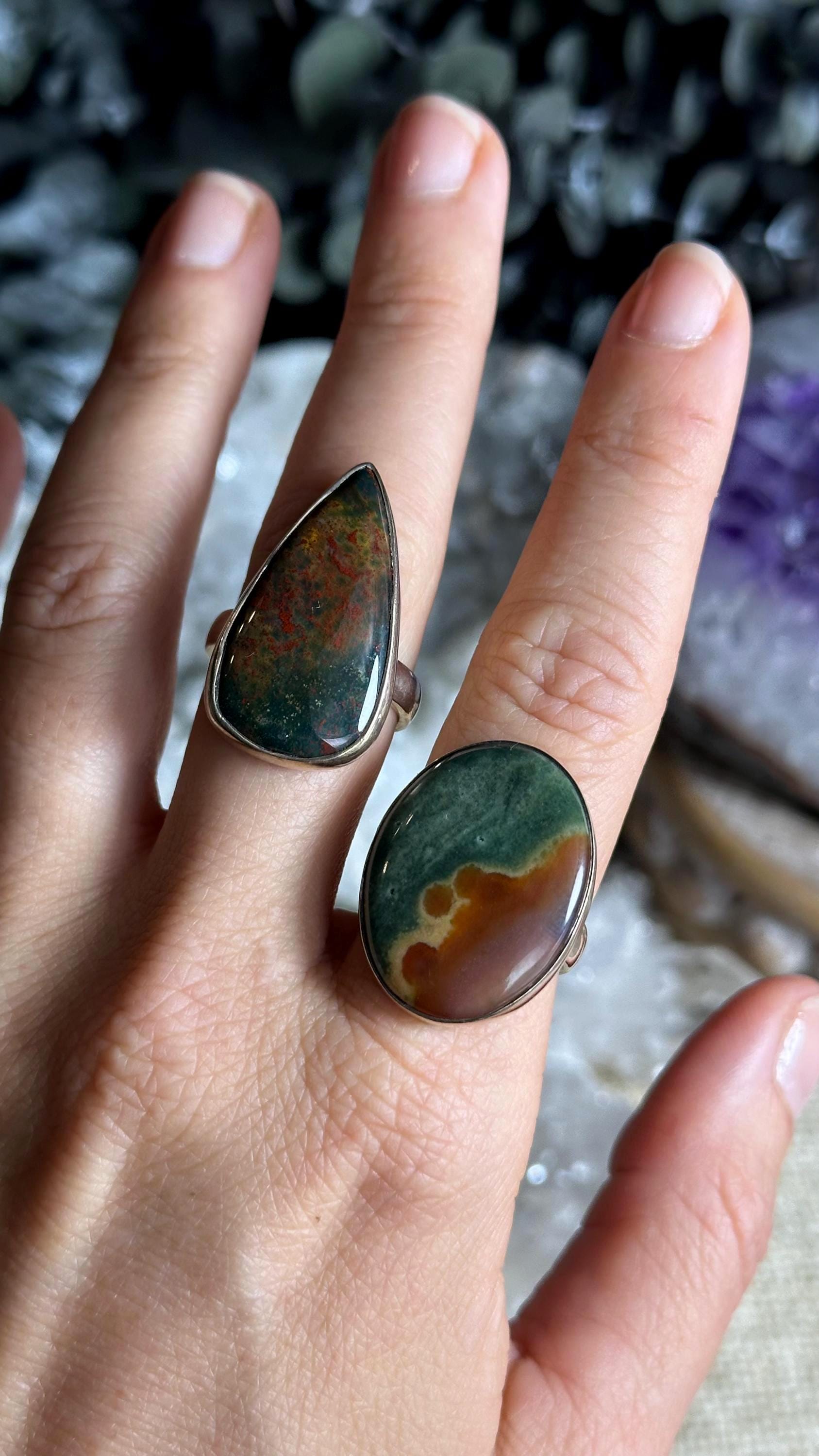 Statement Bloodstone Adjustable Ring, 925 Sterling Silver