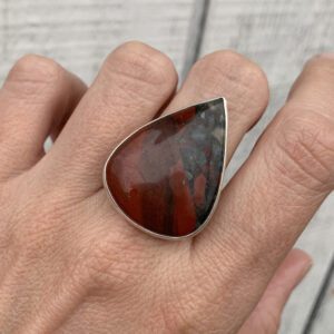 Teardrop Red Gray Bloodstone Unique Chunky Sterling Silver Statement Ring | March Birthstone Ring | Edgy Goth Boho | Bloodstone Ring