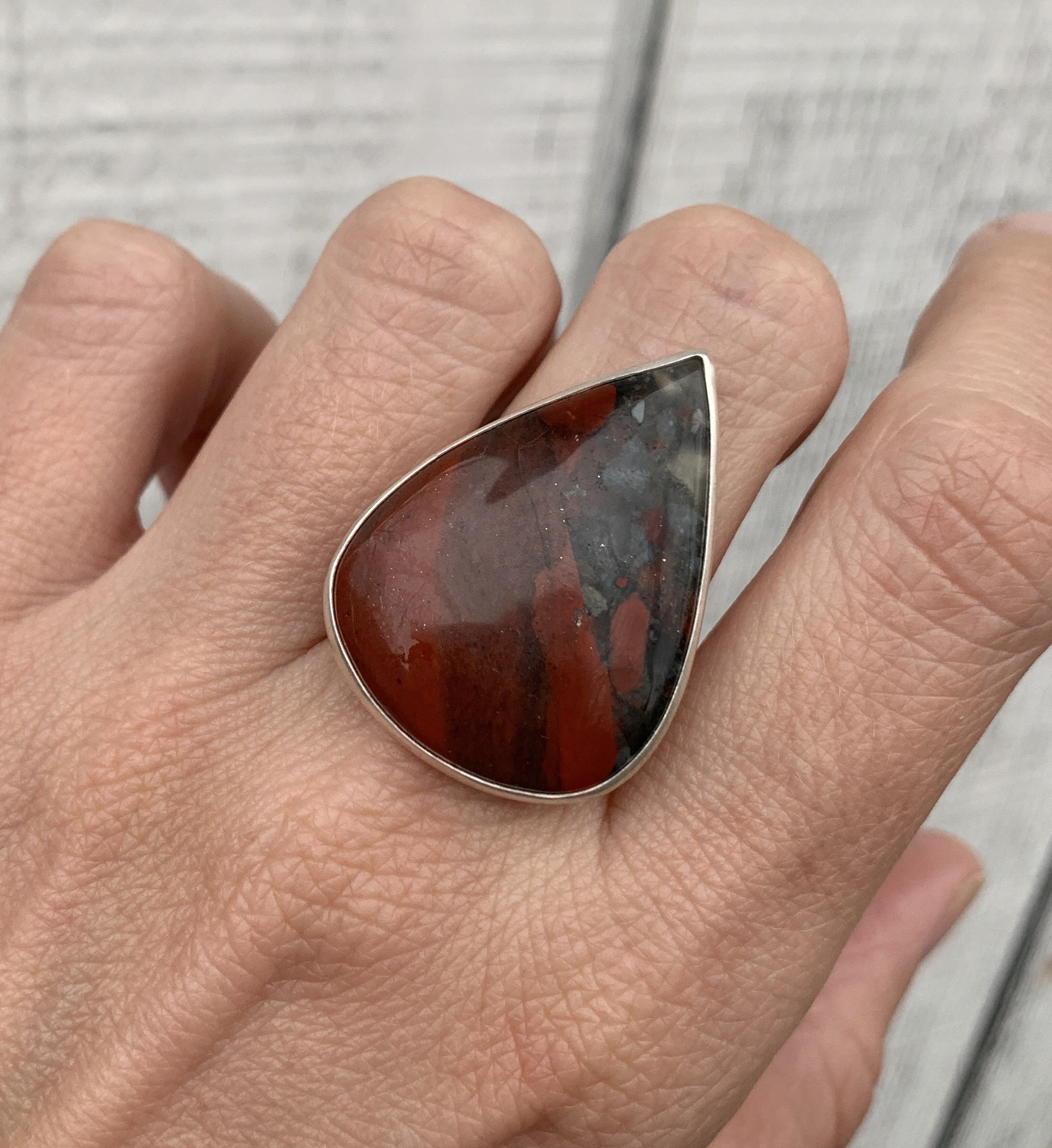 Teardrop Red Gray Bloodstone Unique Chunky Sterling Silver Statement Ring | March Birthstone Ring | Edgy Goth Boho | Bloodstone Ring Teardrop Red Gray Bloodstone Unique Chunky Sterling Silver Statement Ring | March Birthstone Ring | Edgy Goth Boho | Bloodstone Ring