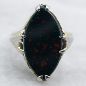 Two Tone 14K Gold Bloodstone Ring, Marquise Solitaire