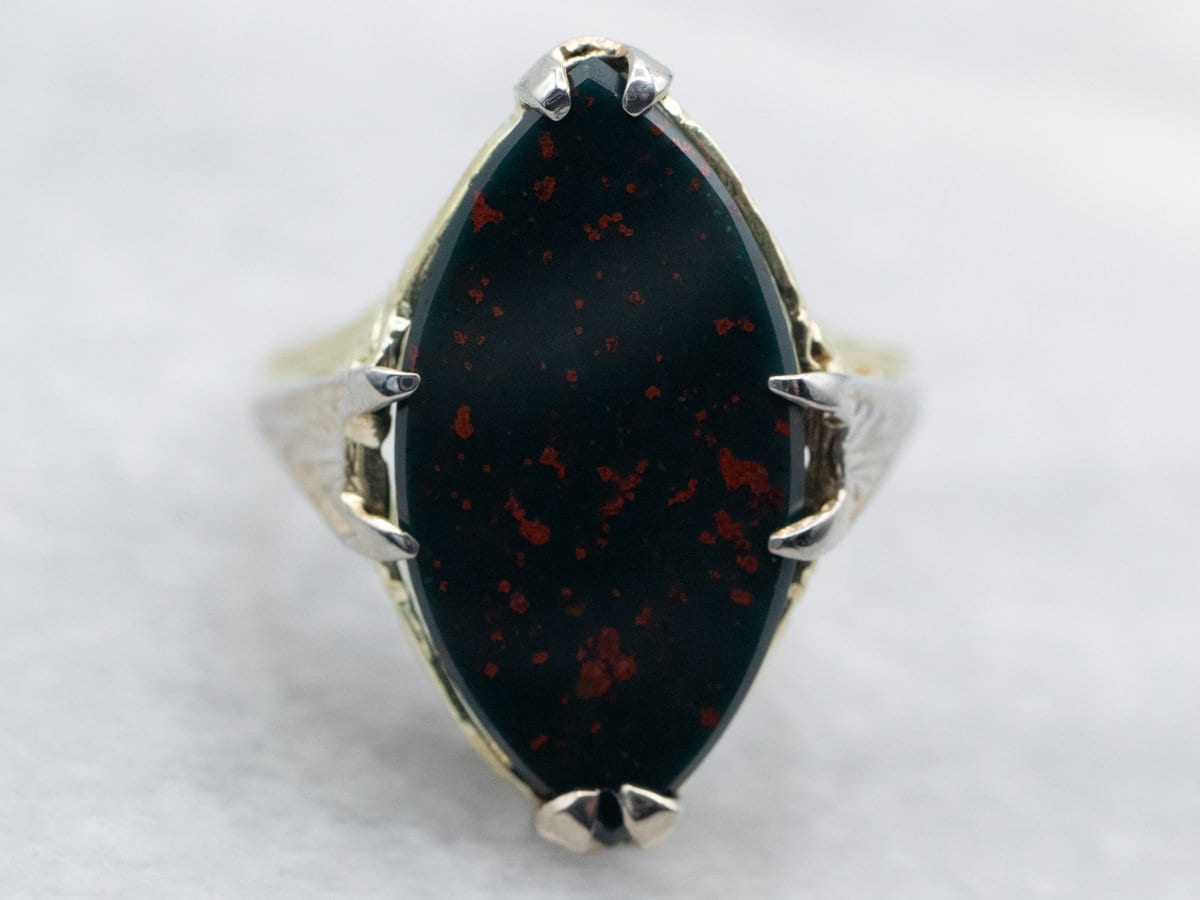 Two Tone 14k Gold Bloodstone Ring, Marquise Solitaire Two Tone 14k Gold Bloodstone Ring, Marquise Solitaire