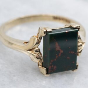 Victorian Revival 10K Gold Bloodstone Cabochon Ring, Size 6.25
