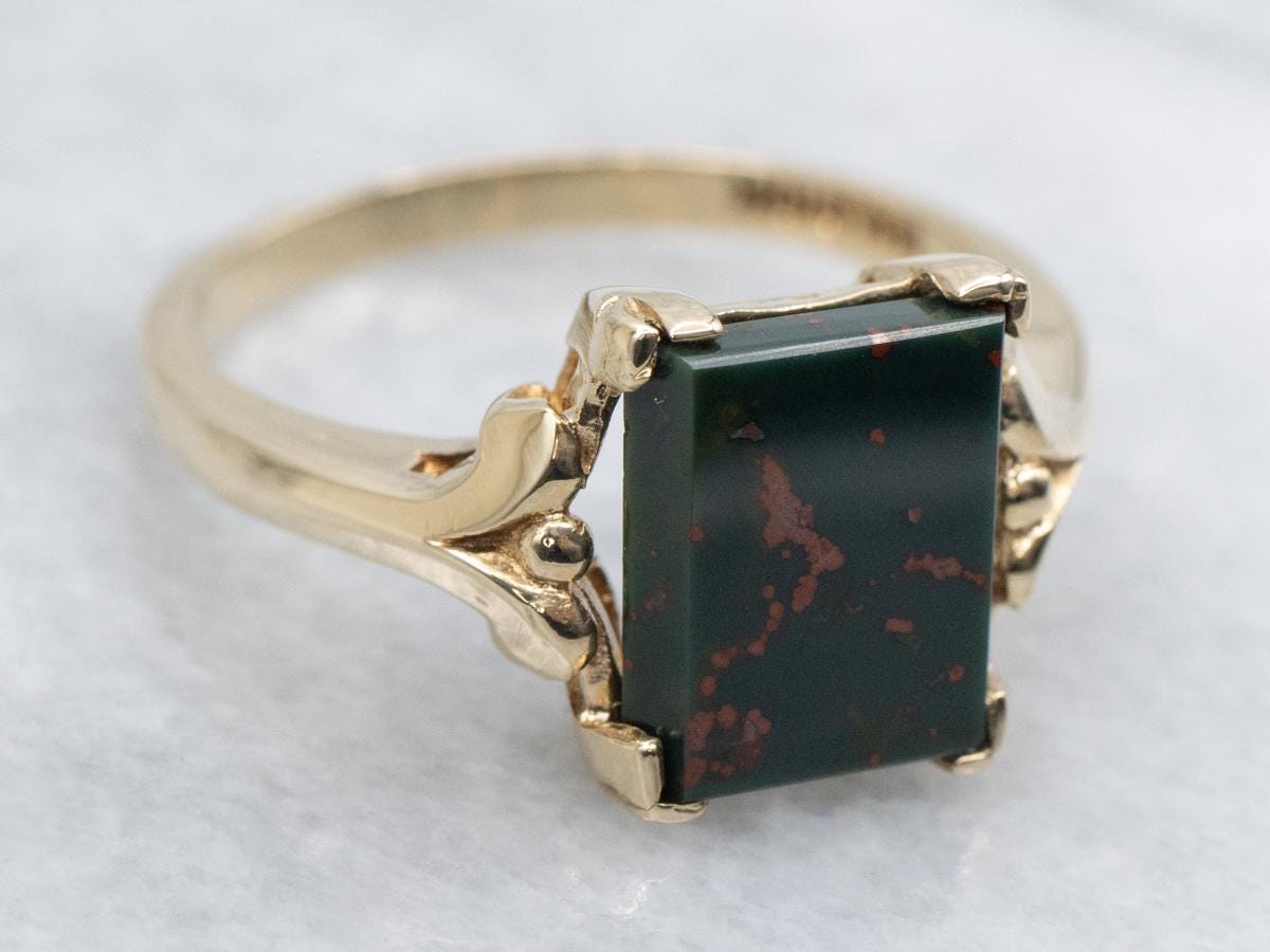 Victorian Revival 10k Gold Bloodstone Cabochon Ring, Size 6.25