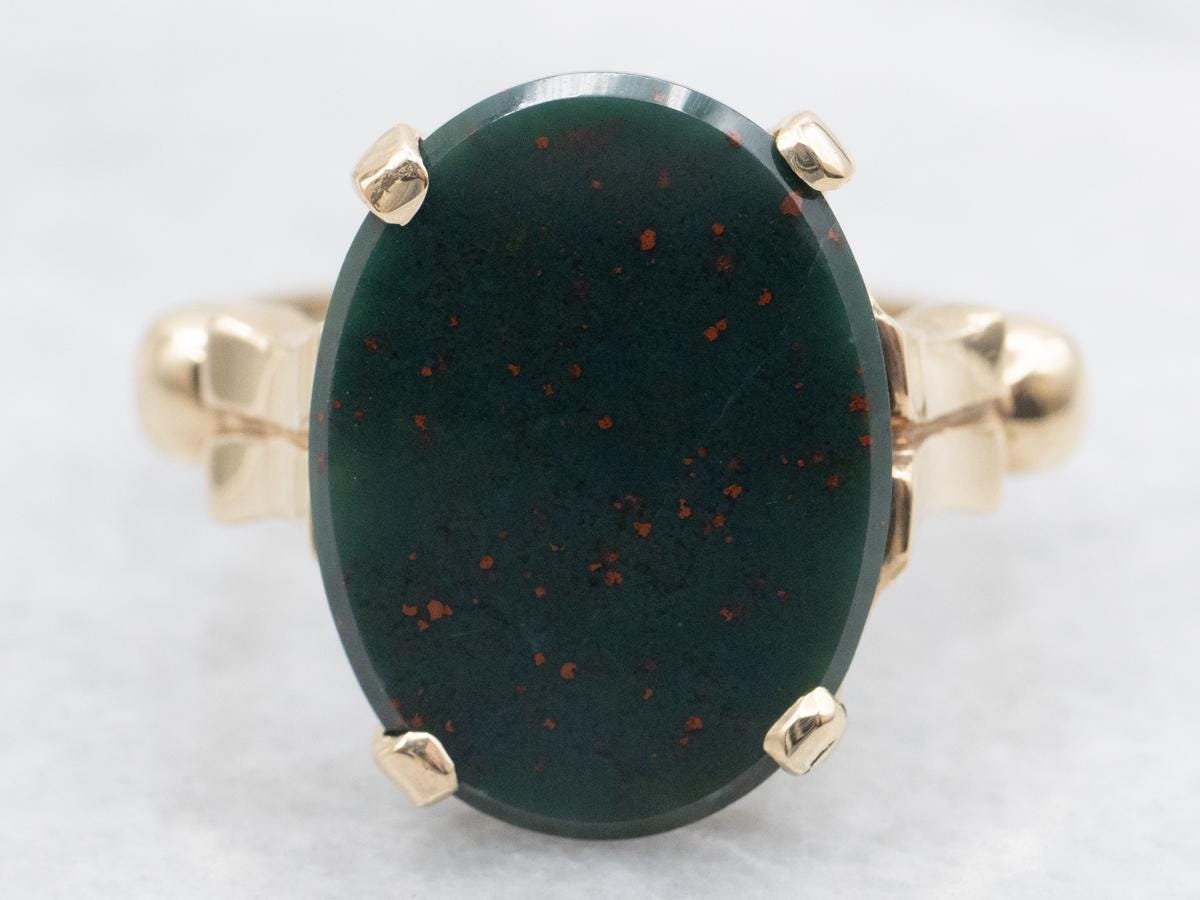 Vintage 10k Gold Bloodstone Ring, Oval Cabochon