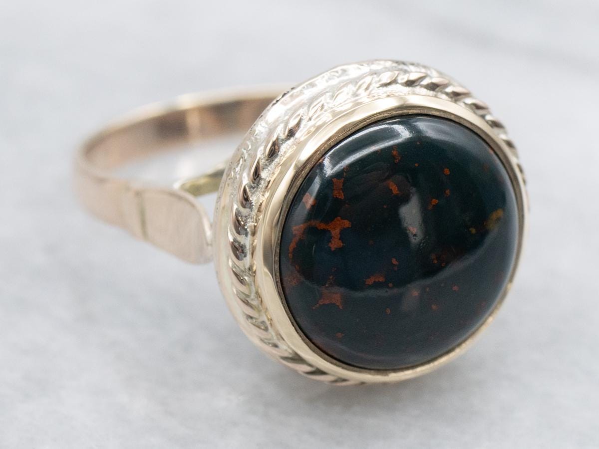 Vintage 14k Gold Bloodstone Ring, Nautical Rope Design