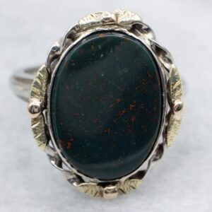Vintage Bloodstone Ring, Tri-Color Floral 10K Gold