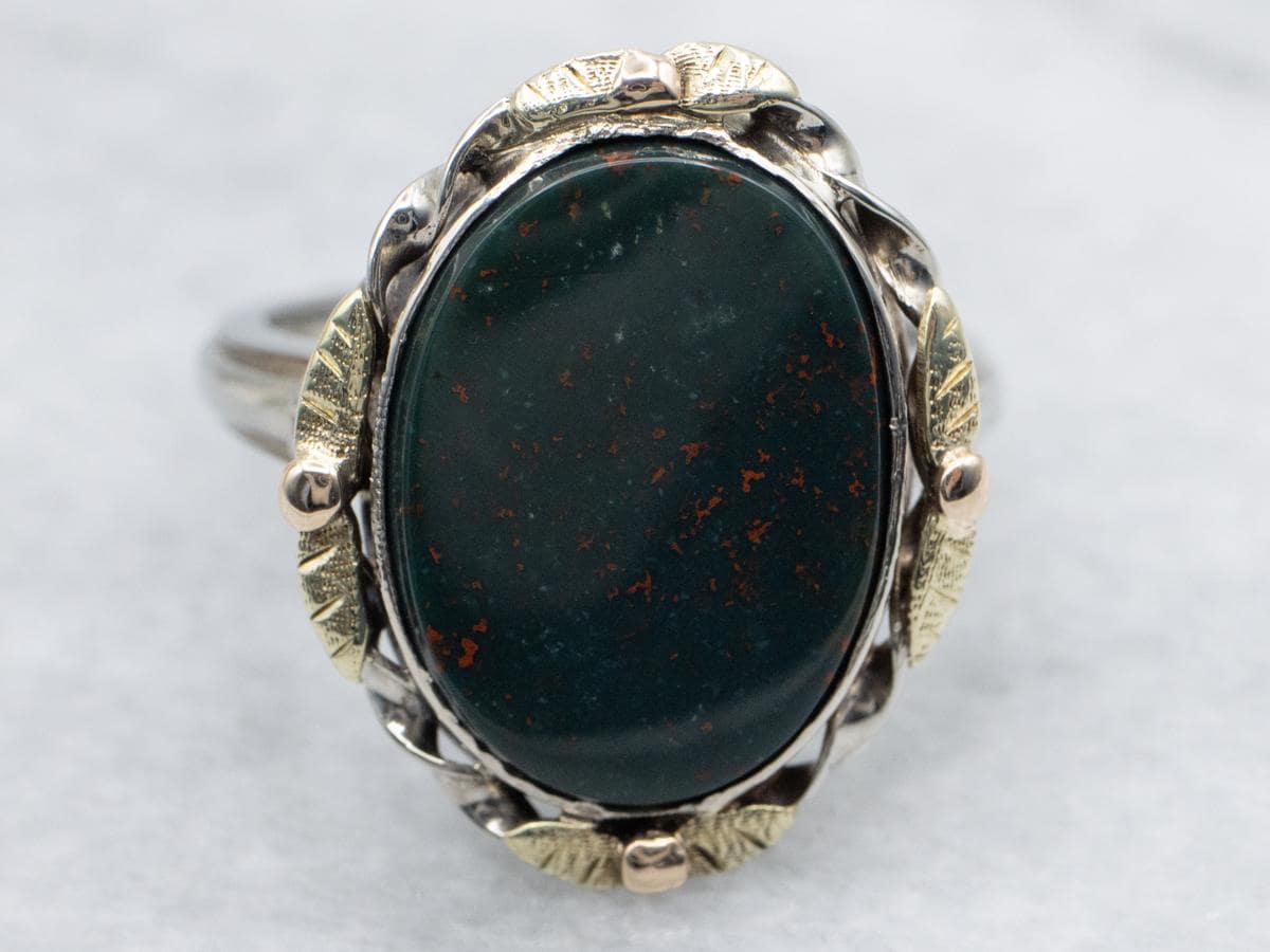 Vintage Bloodstone Ring, Tri-color Floral 10k Gold