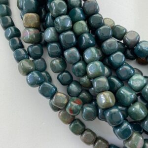 7mm cube Bloodstone beads with rounded edges. 15” strand of deep bluish green gemstone cubes with red splotches, approx. 62 beads.