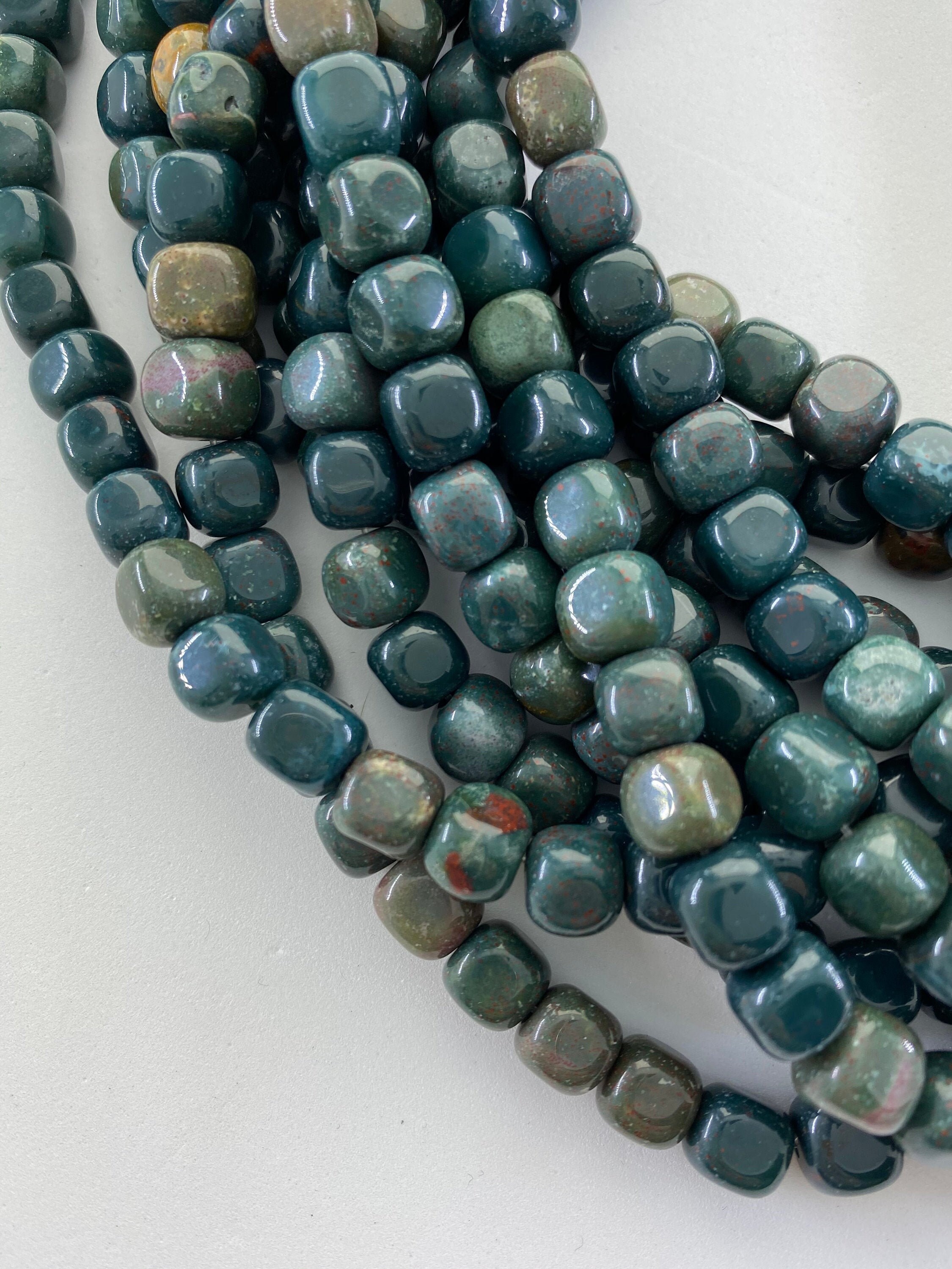 7mm Cube Bloodstone Beads With Rounded Edges. 15” Strand Of Deep Bluish Green Gemstone Cubes With Red Splotches, Approx. 62 Beads.