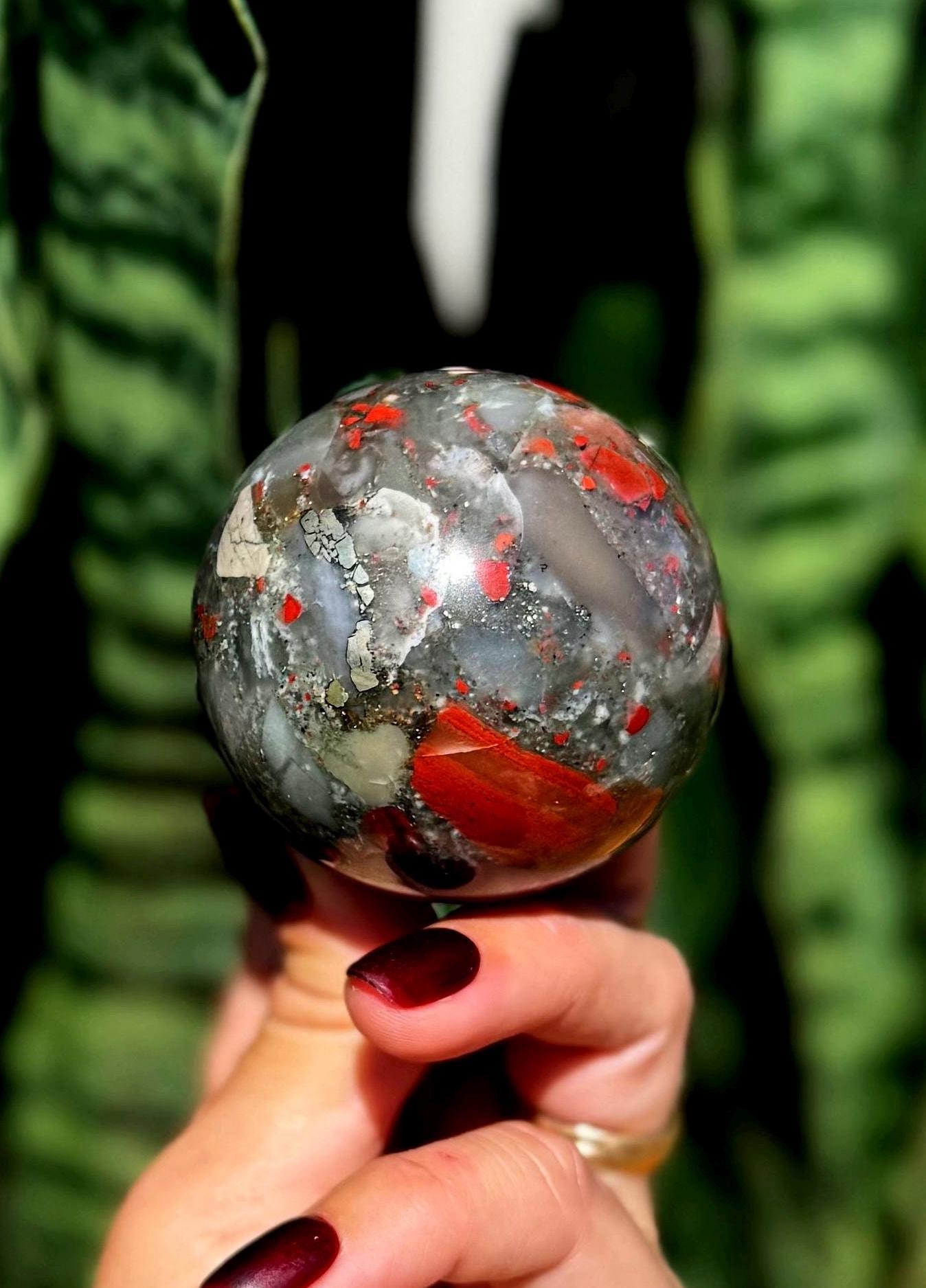 African Bloodstone Sphere W/ Stand - Aka Heliotrope Crystal For Spiritual, Emotional, And Physical Healing - Rare Crystal