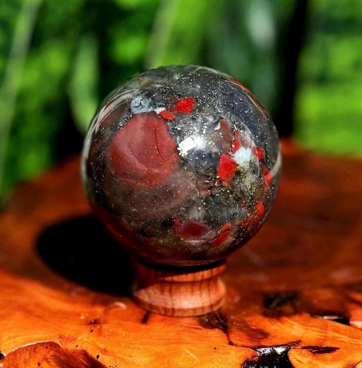 African Bloodstone Sphere W/ Stand - Aka Heliotrope Crystal For Spiritual, Emotional, And Physical Healing - Rare Crystal