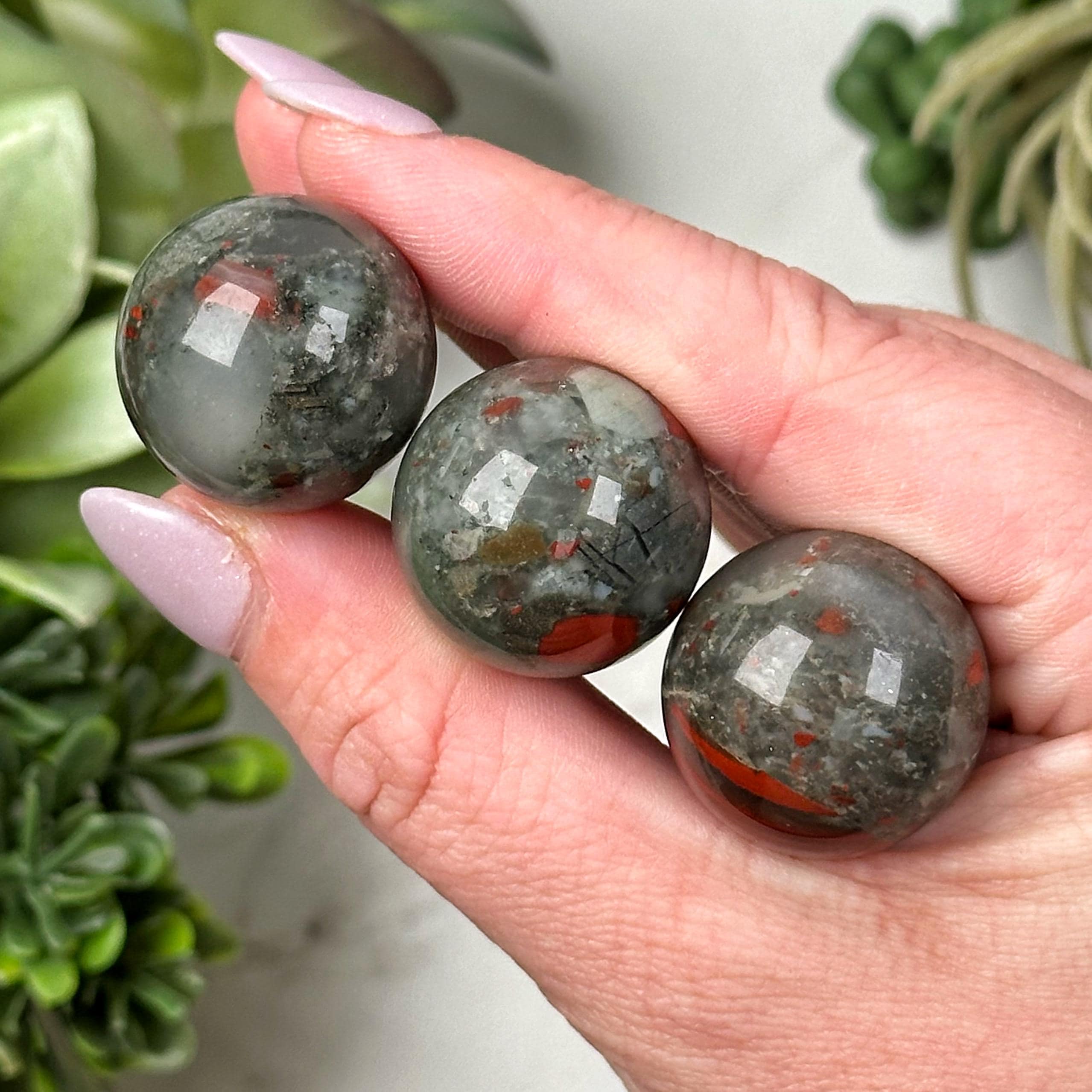 Bloodstone Mini Sphere | S, L | - No. 555 (polished Green Red Crystal Ball, Healing Stone, Generosity)