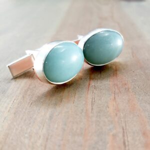 Blue Amazonite Oval Gemstone Cufflinks set in Sterling Silver with Copper Accent