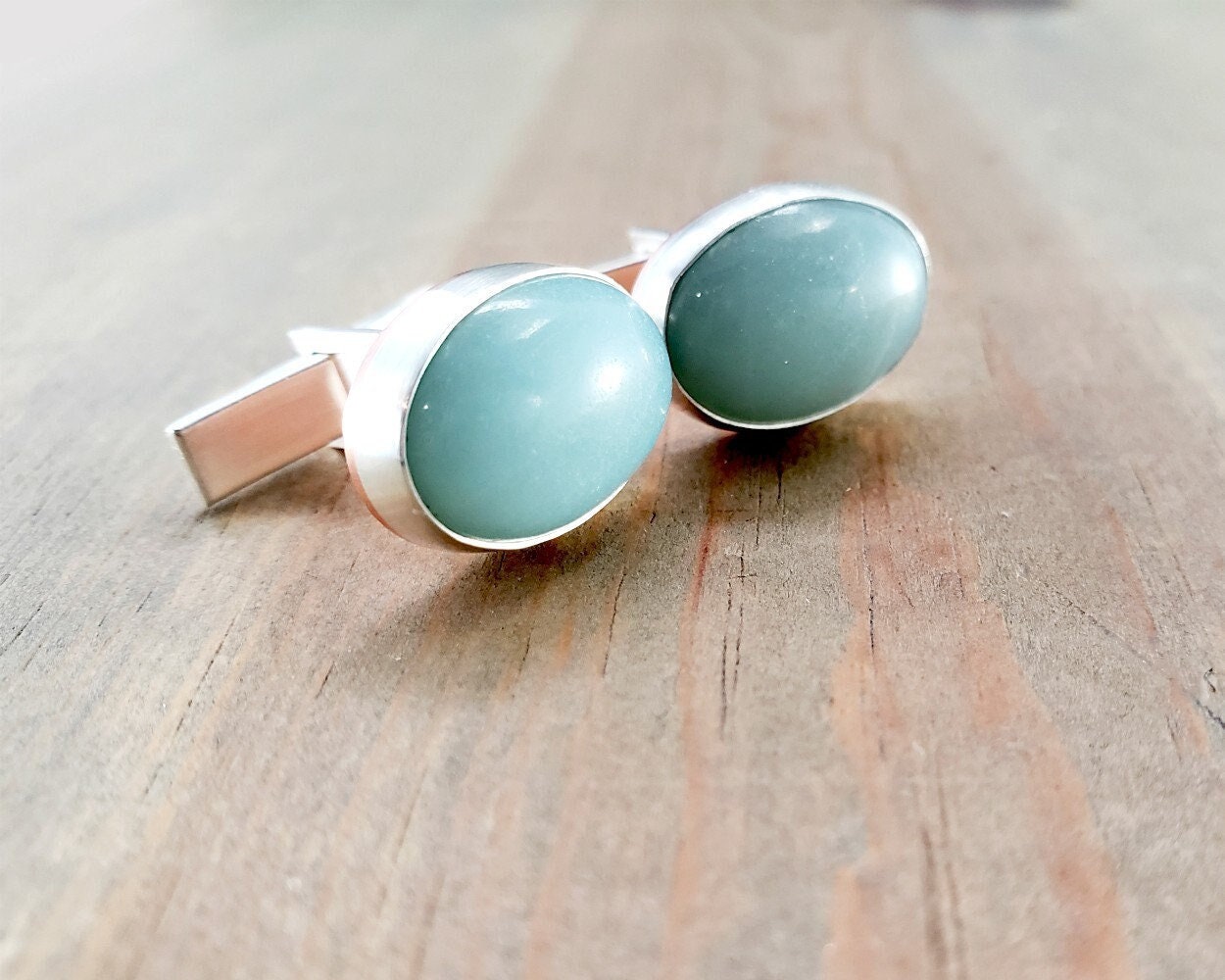 Blue Amazonite Oval Gemstone Cufflinks Set In Sterling Silver With Copper Accent