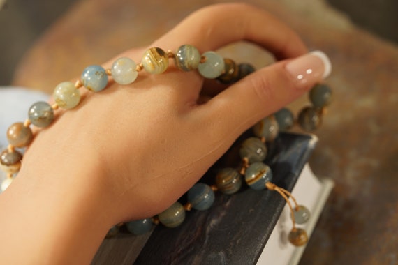 Argentinian Blue Calcite Pocket Mala • Lemurian Aquatine Chalcedony 27 Beads • Rare Meditation Travel Talisman • 4mm 6mm 8mm 10mm • Ag4906
