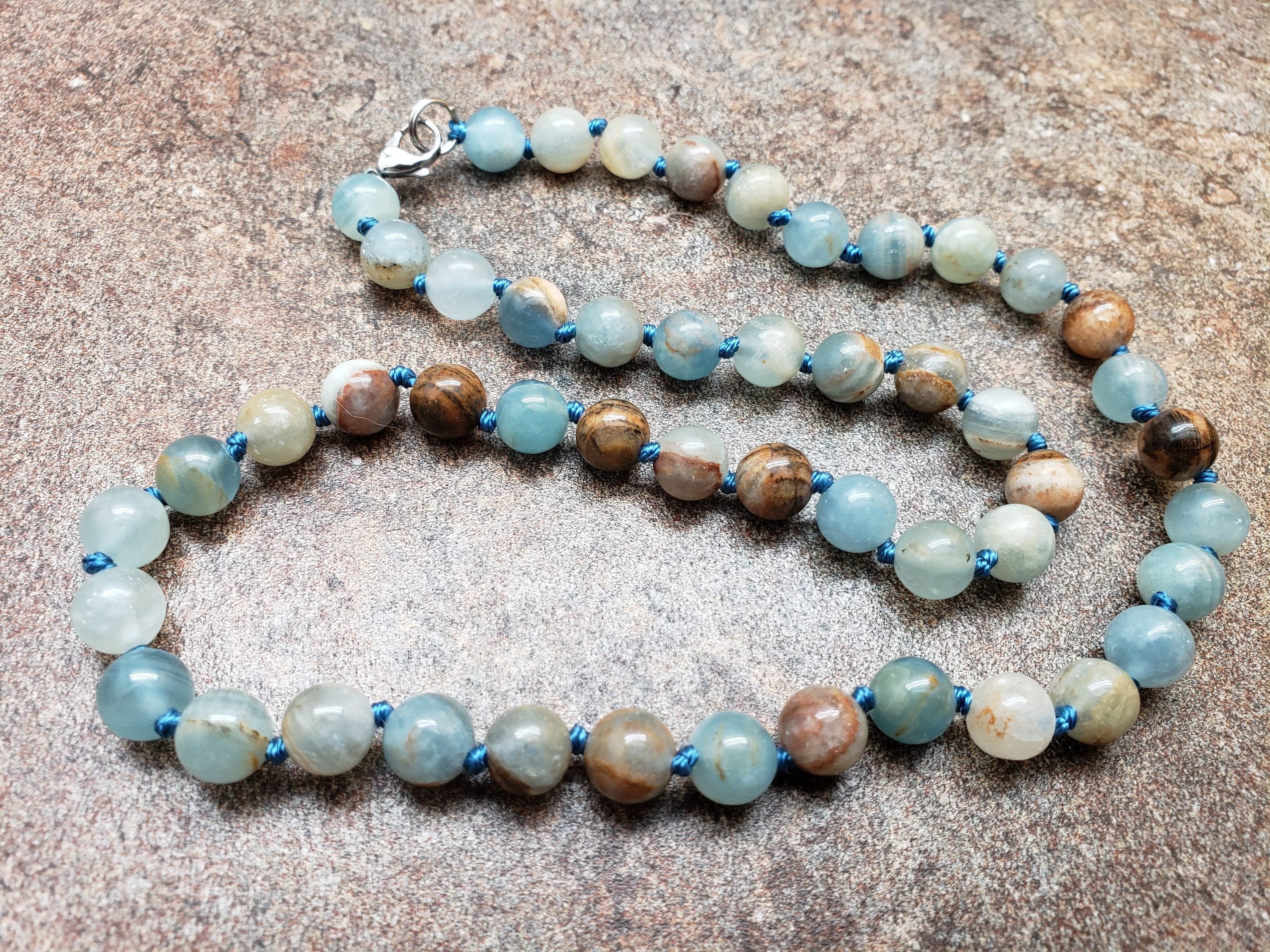 Blue Calcite Hand Knotted Necklace With Lobster Claw Clasp