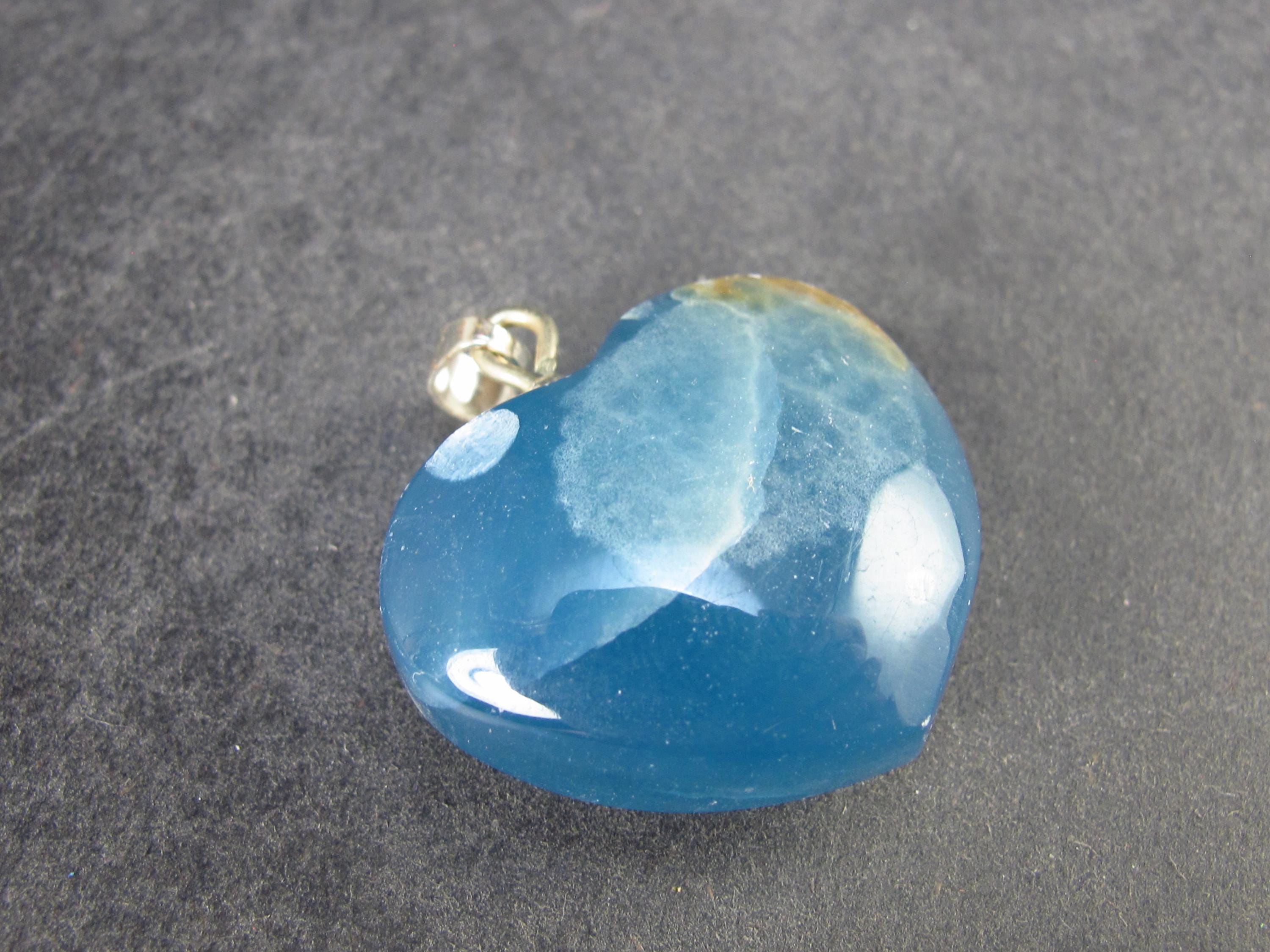Lemurian Aquatine Blue Calcite Silver Heart Pendant From Argentina - 1.2" - 12.09 Grams