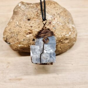 Mens Raw Blue calcite pendant. Unisex raw crystal necklace. Reiki jewelry uk. Wire wrapped pendant