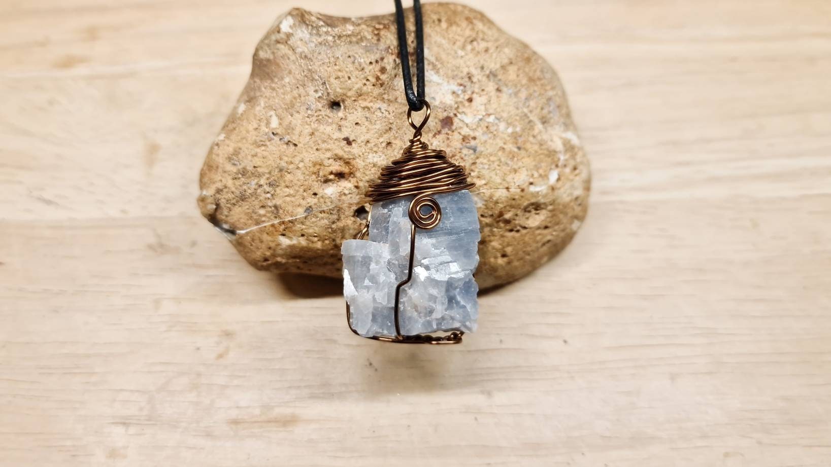 Mens Raw Blue Calcite Pendant. Unisex Raw Crystal Necklace. Reiki Jewelry Uk. Wire Wrapped Pendant