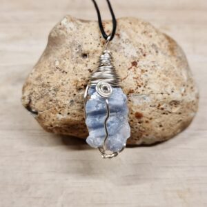 Raw Blue calcite pendant. Raw Crystal necklace. Reiki jewelry uk. Silver plated Wire wrapped pendant