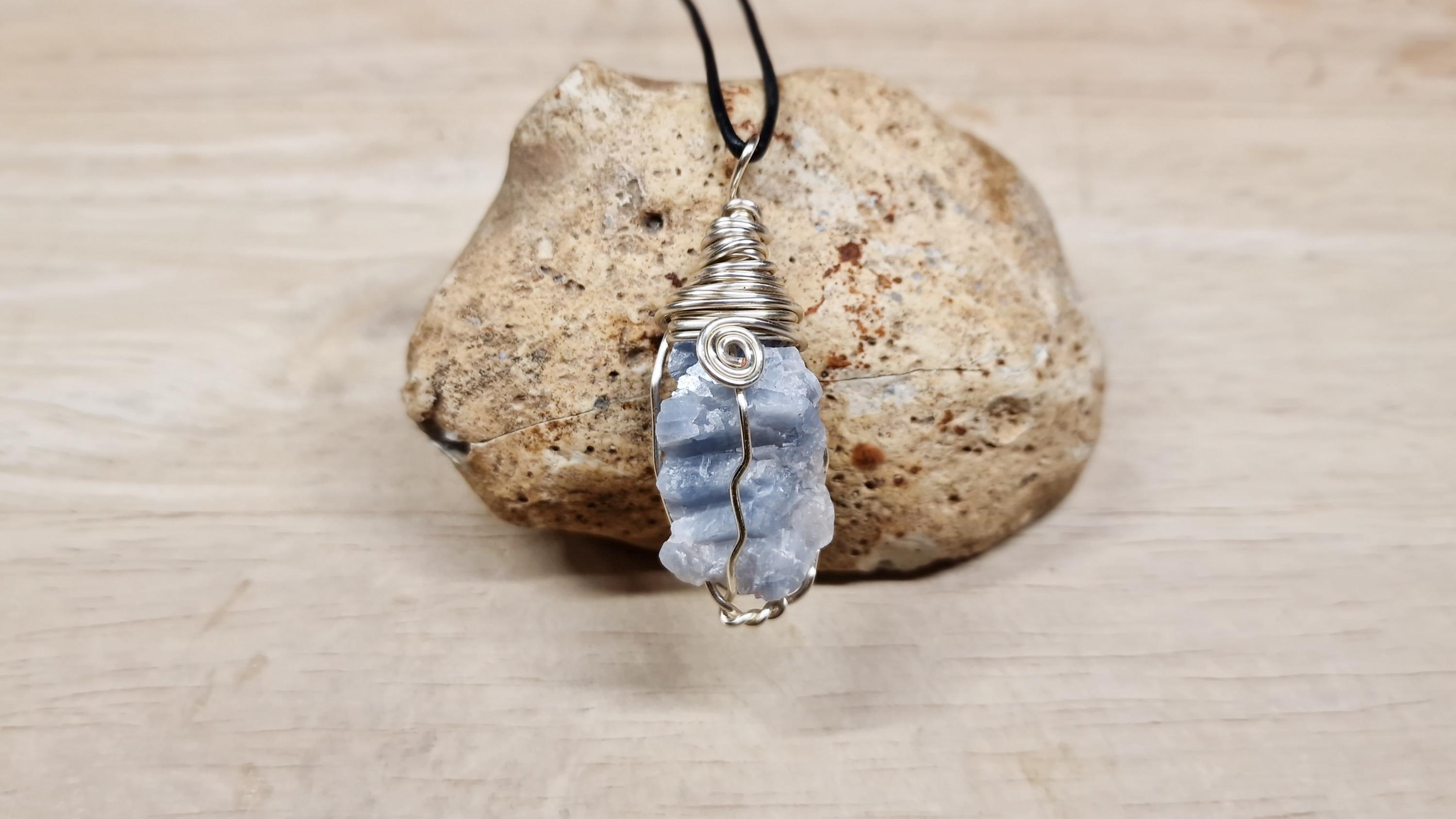 Raw Blue Calcite Pendant. Raw Crystal Necklace. Reiki Jewelry Uk. Silver Plated Wire Wrapped Pendant