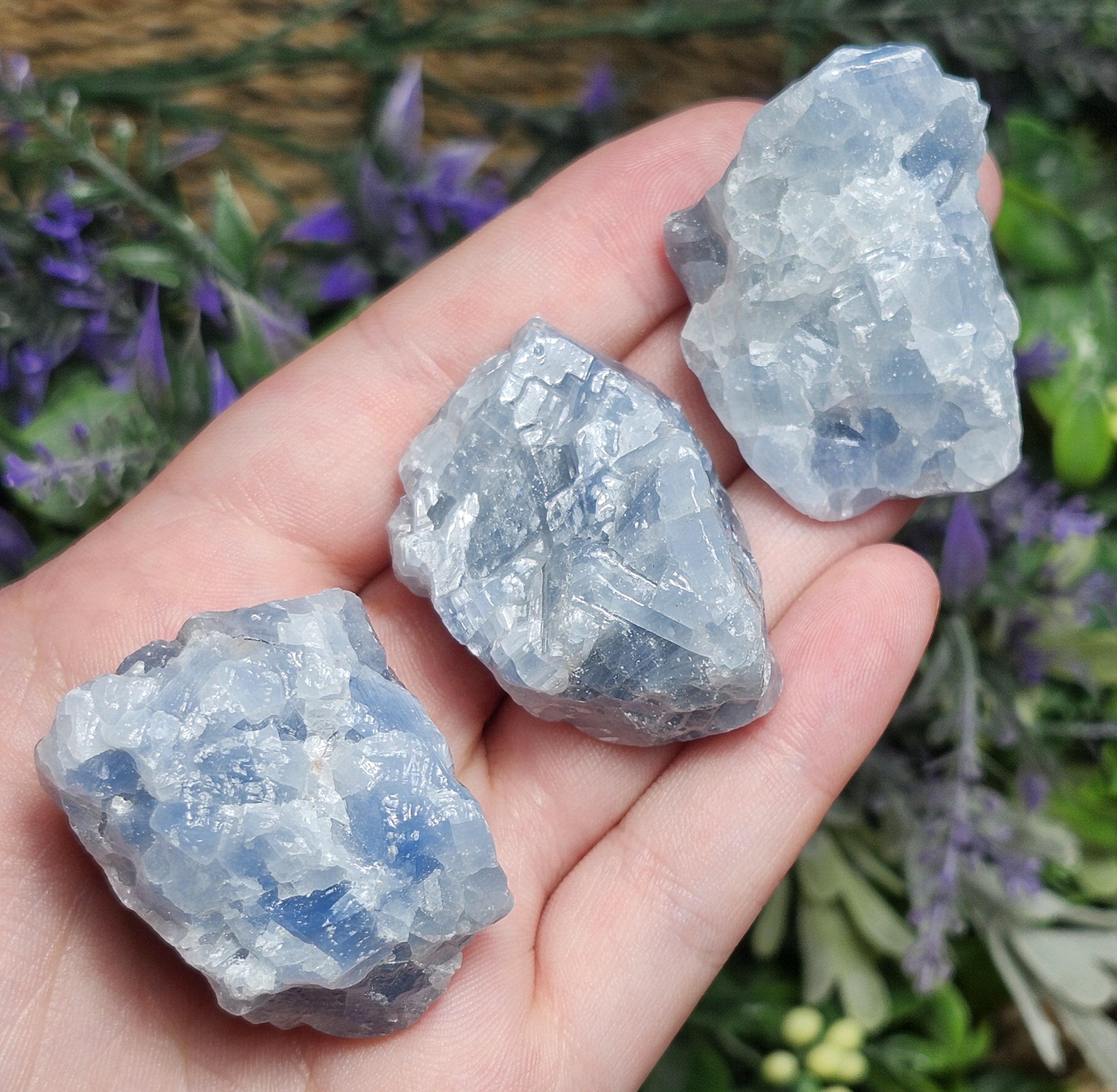 Raw Blue Calcite Crystal Palm Stone, Blue Calcite Specimen