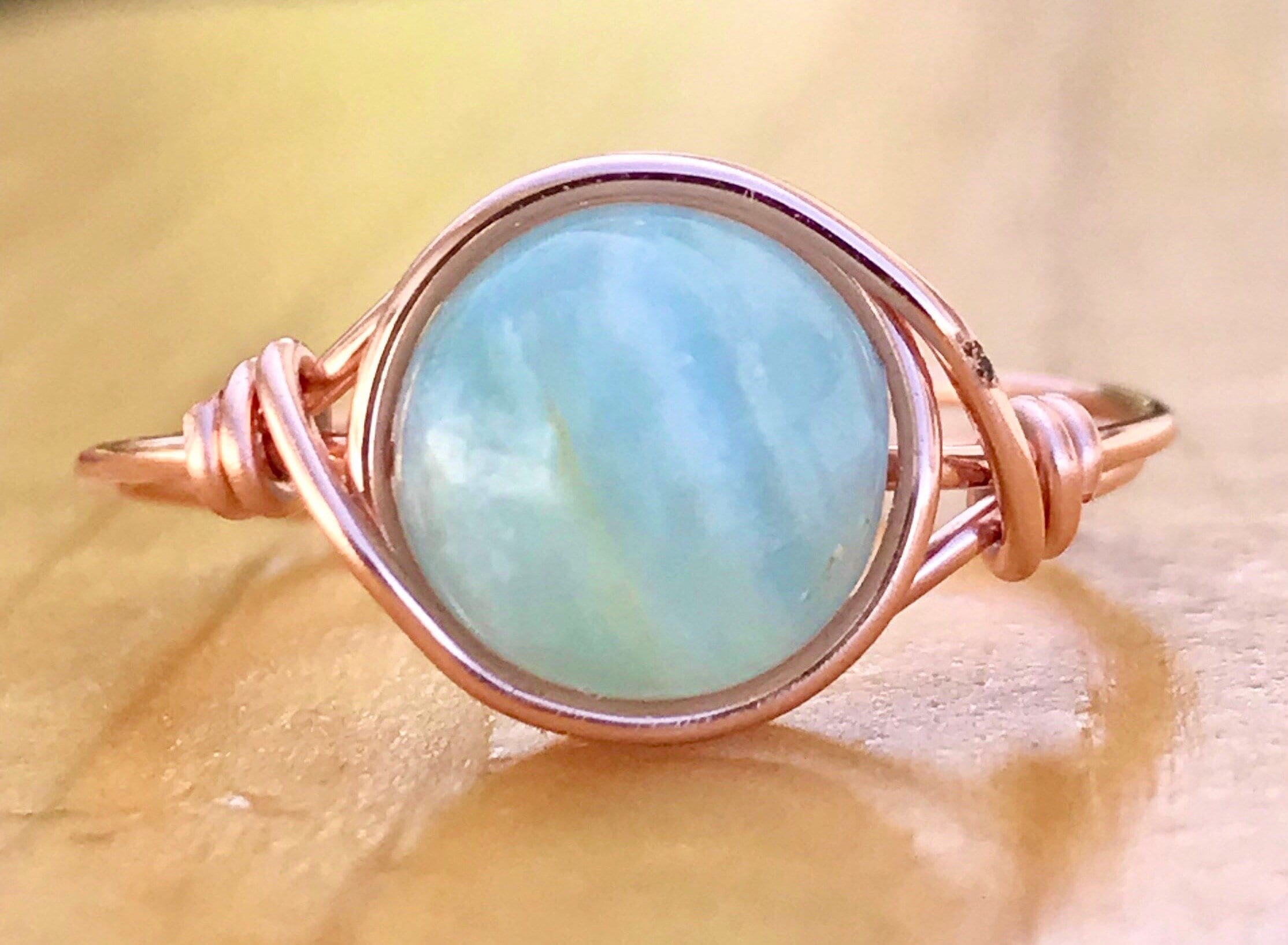 Wire Wrapped Blue Calcite Copper Ring, Healing Crystal