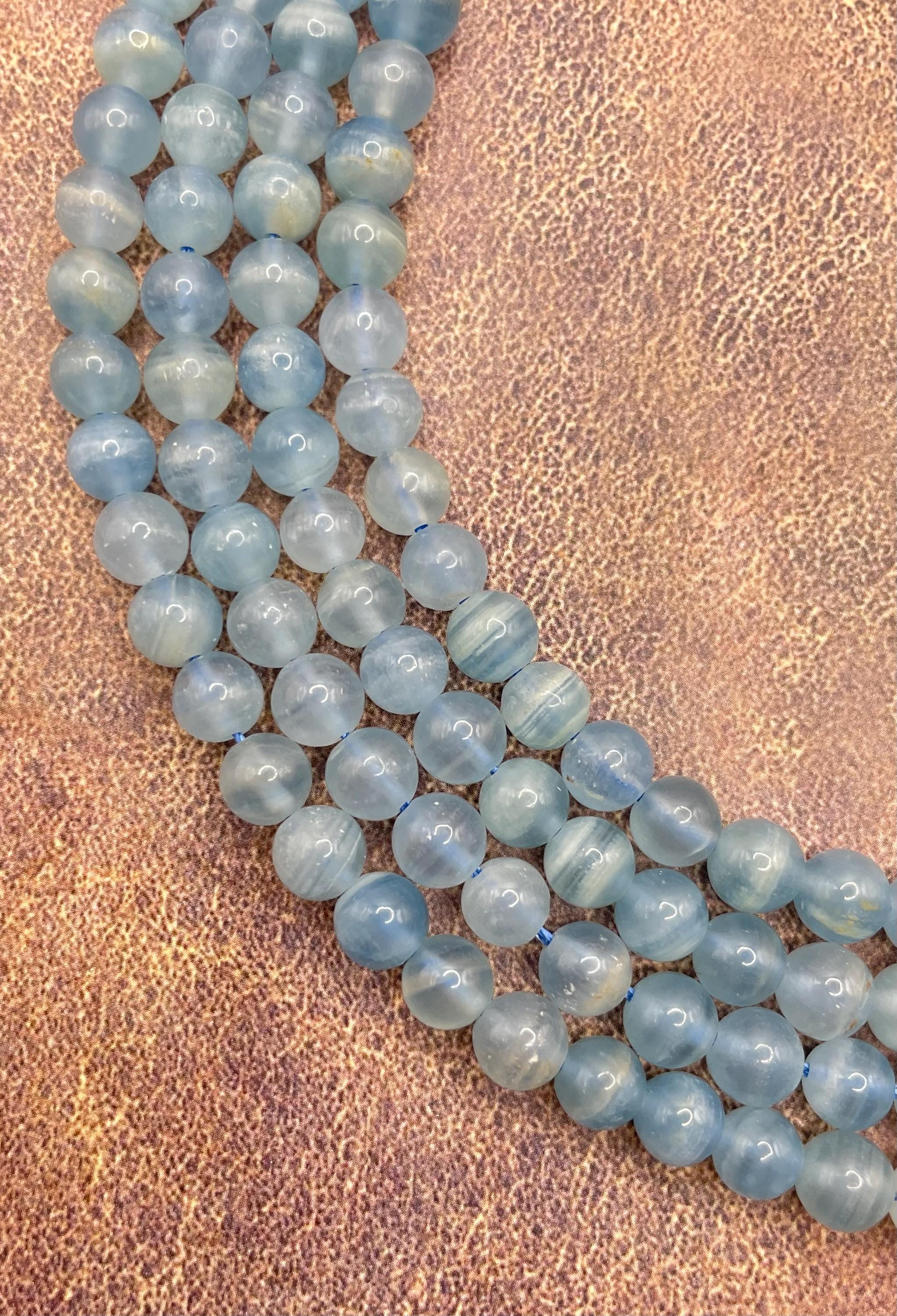 6mm Argentina Blue Calcite Grade A Gemstone Beads. 15” Strand Of Clear Blue Round Beads, 62 Per Strand.