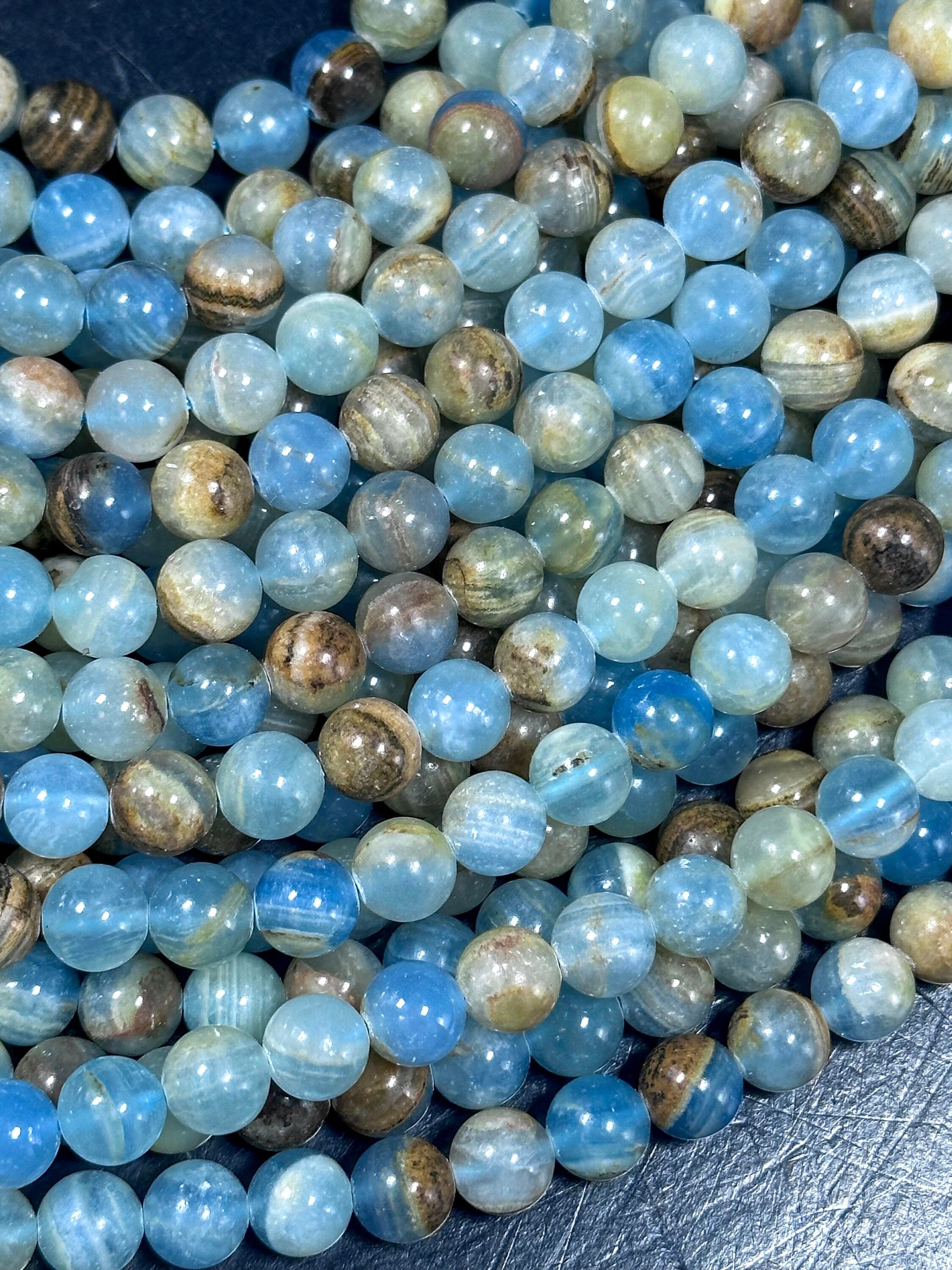 Aaa Natural Blue Calcite Gemstone Bead 6mm 8mm 10mm Round Beads, Gorgeous Natural Blue Brown Color Calcite Full Strand 15.5" Great Quality