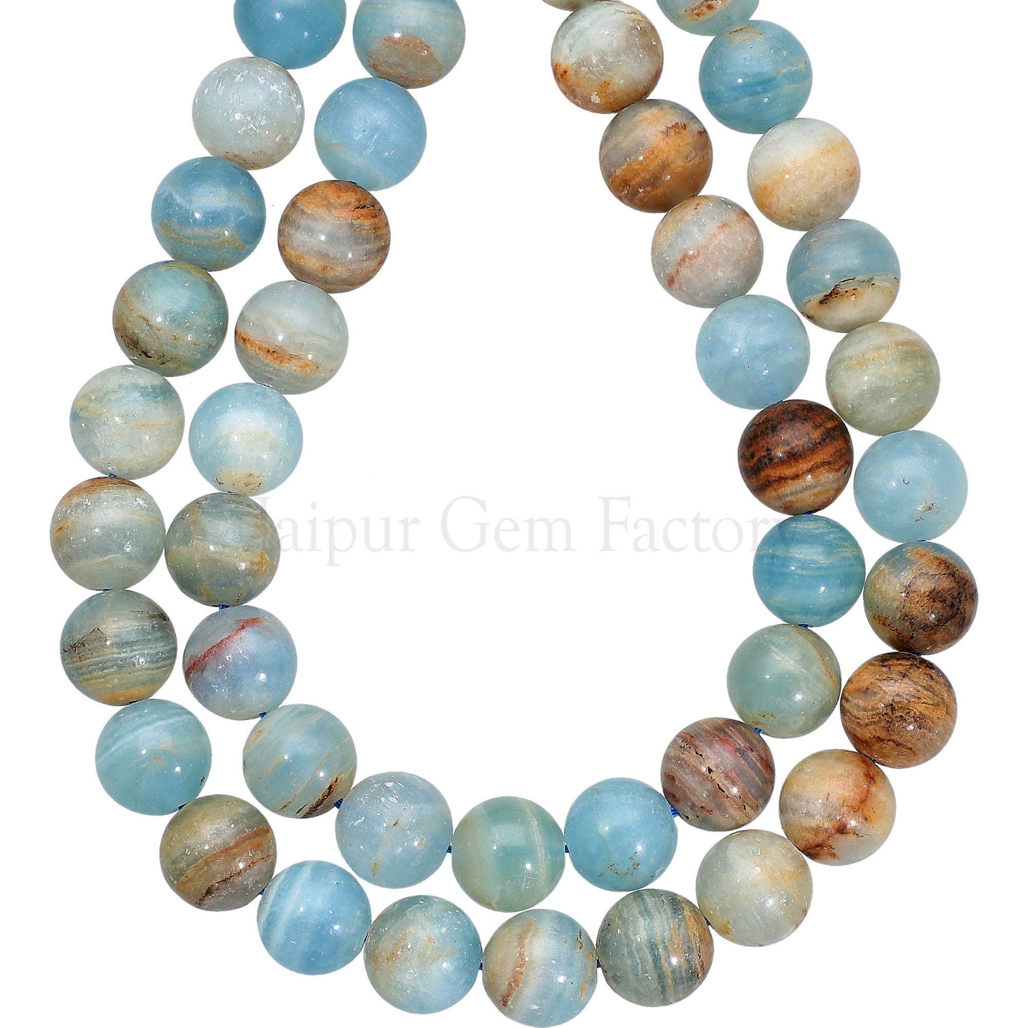 Blue Calcite Stone Beads: Argentina Lemurian Aquatine, 10mm Round, 14 Inch Strand
