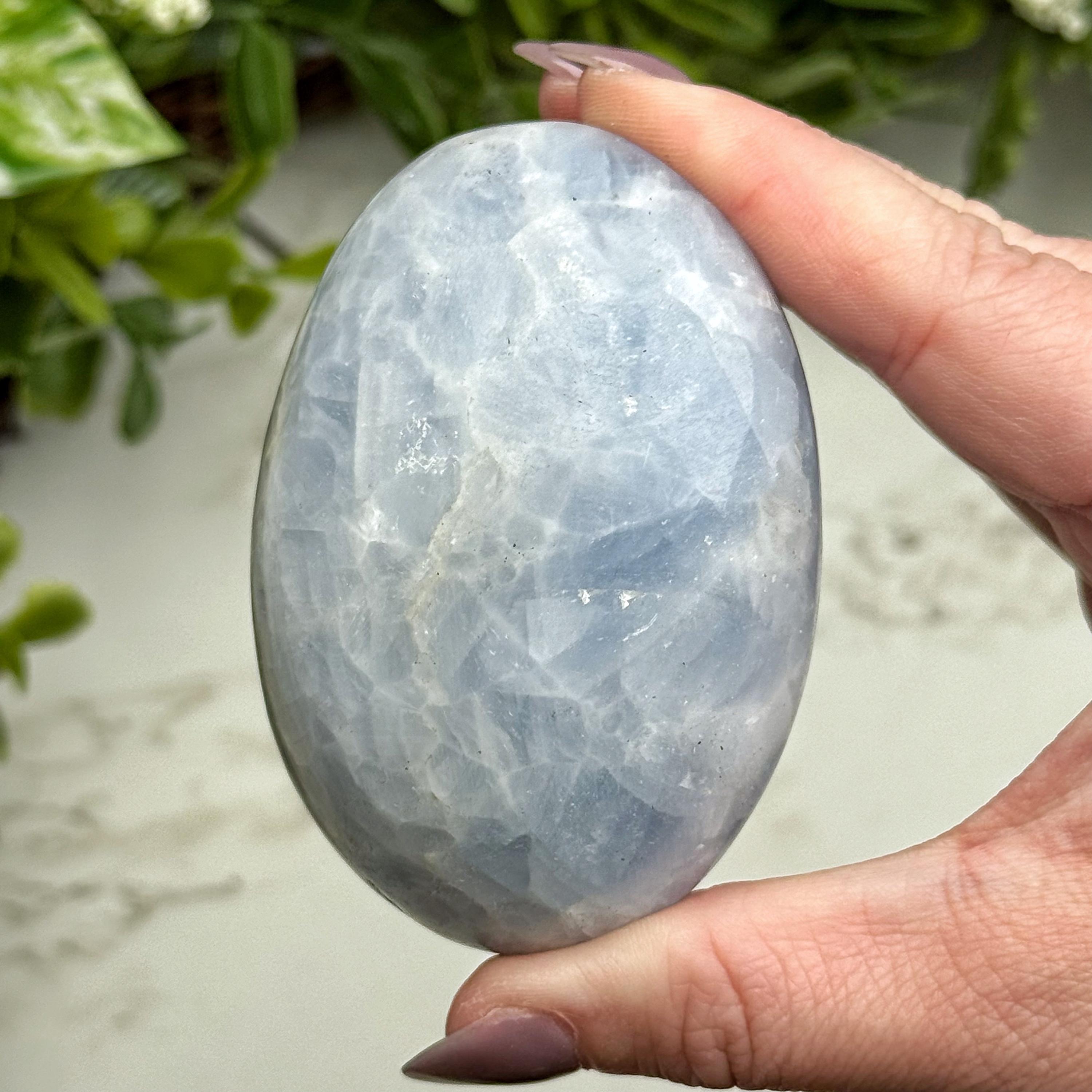 Blue Calcite Palmstone | 200g | - #4 (polished Crystal Pocket Stone Palm, Healing Stone, Throat Chakra)