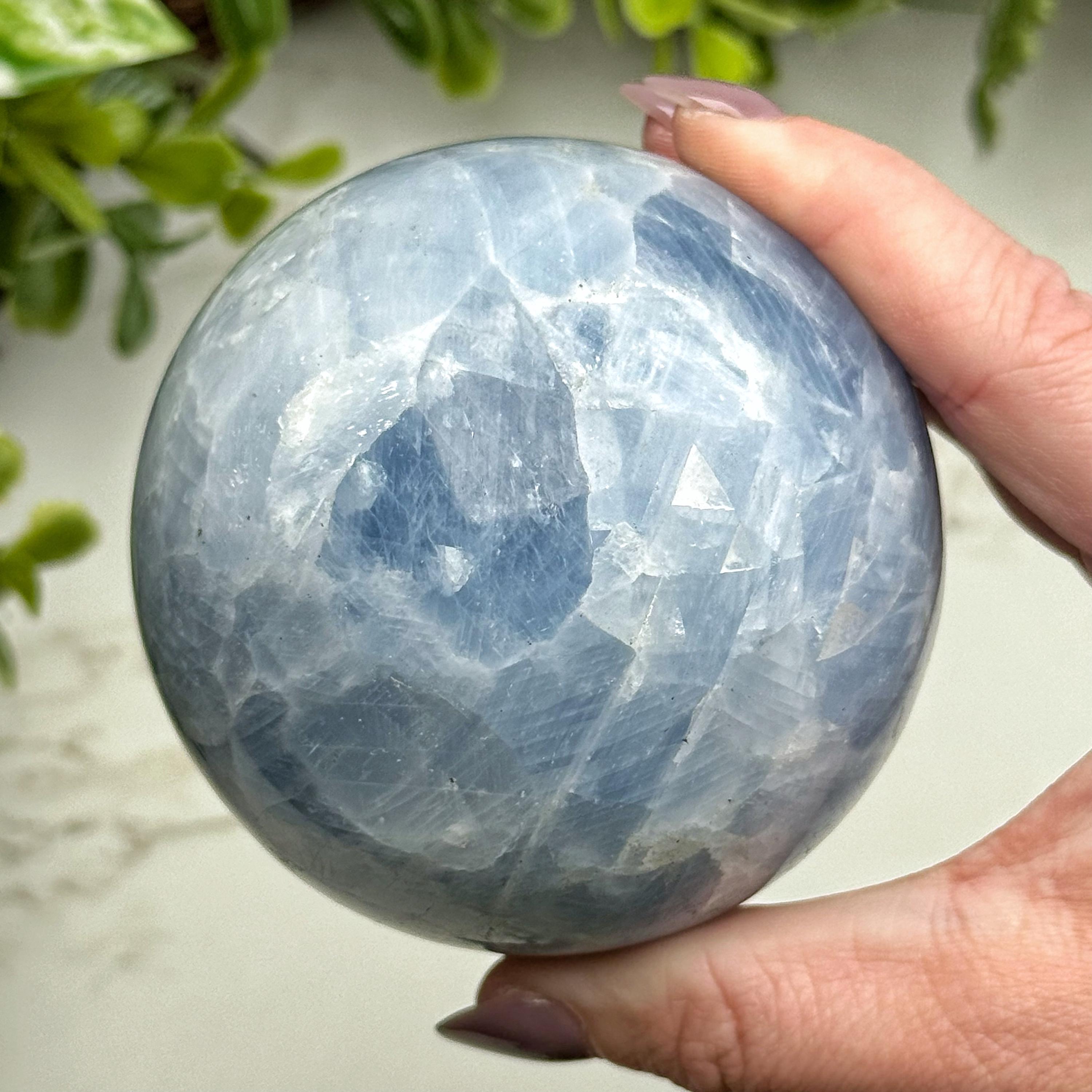 Blue Calcite Sphere | 634g | - #2 (polished Blue Crystal Ball, Healing Stone, Throat Chakra, Calming)