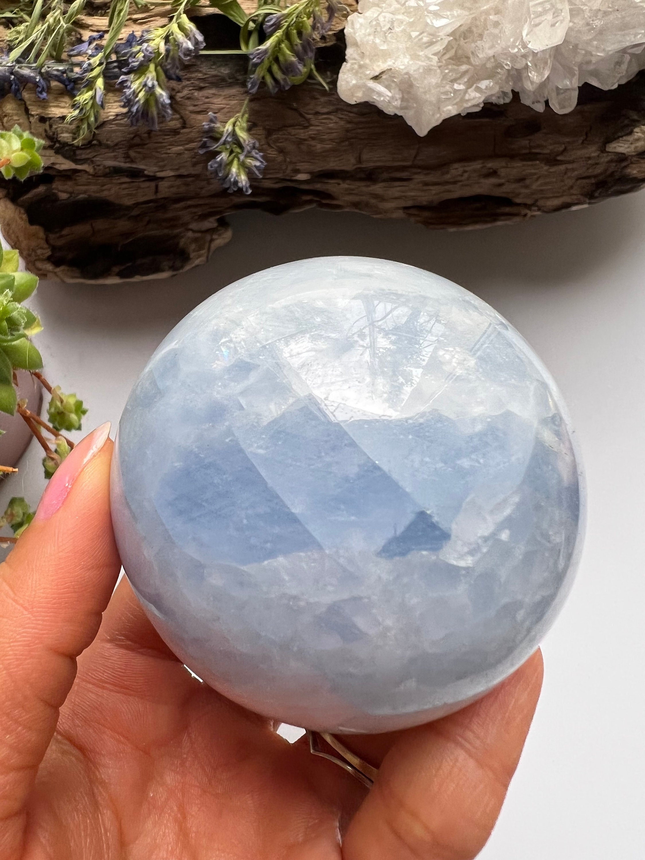 Polished Blue Calcite Sphere, Calming Crystal Ball (6.2cm) Polished Blue Calcite Sphere, Calming Crystal Ball (6.2cm)