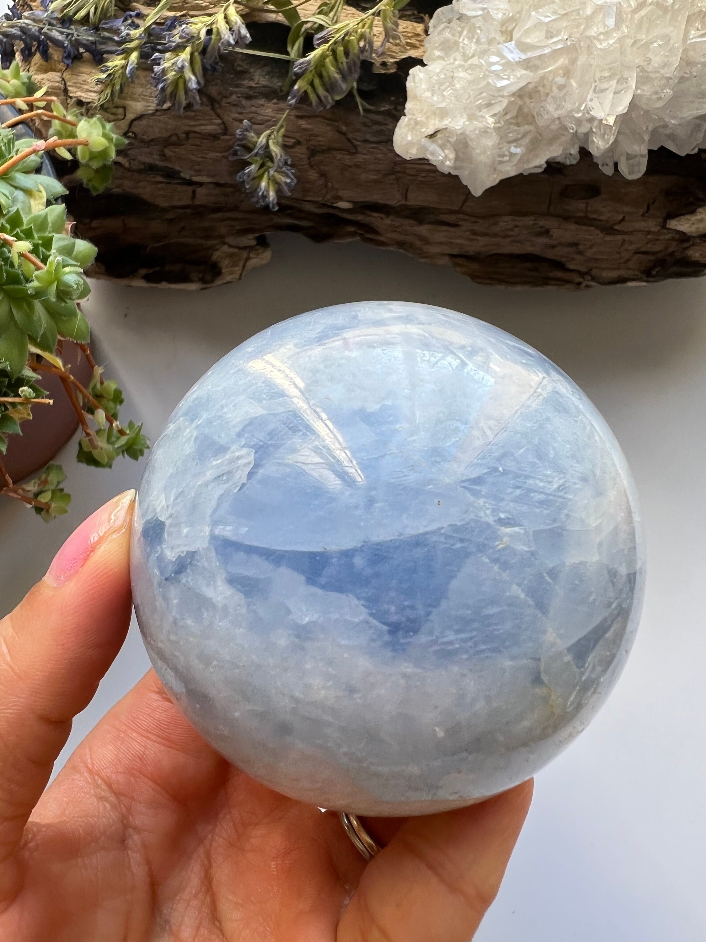 Polished Blue Calcite Sphere, Calming Crystal Ball (6.6cm)