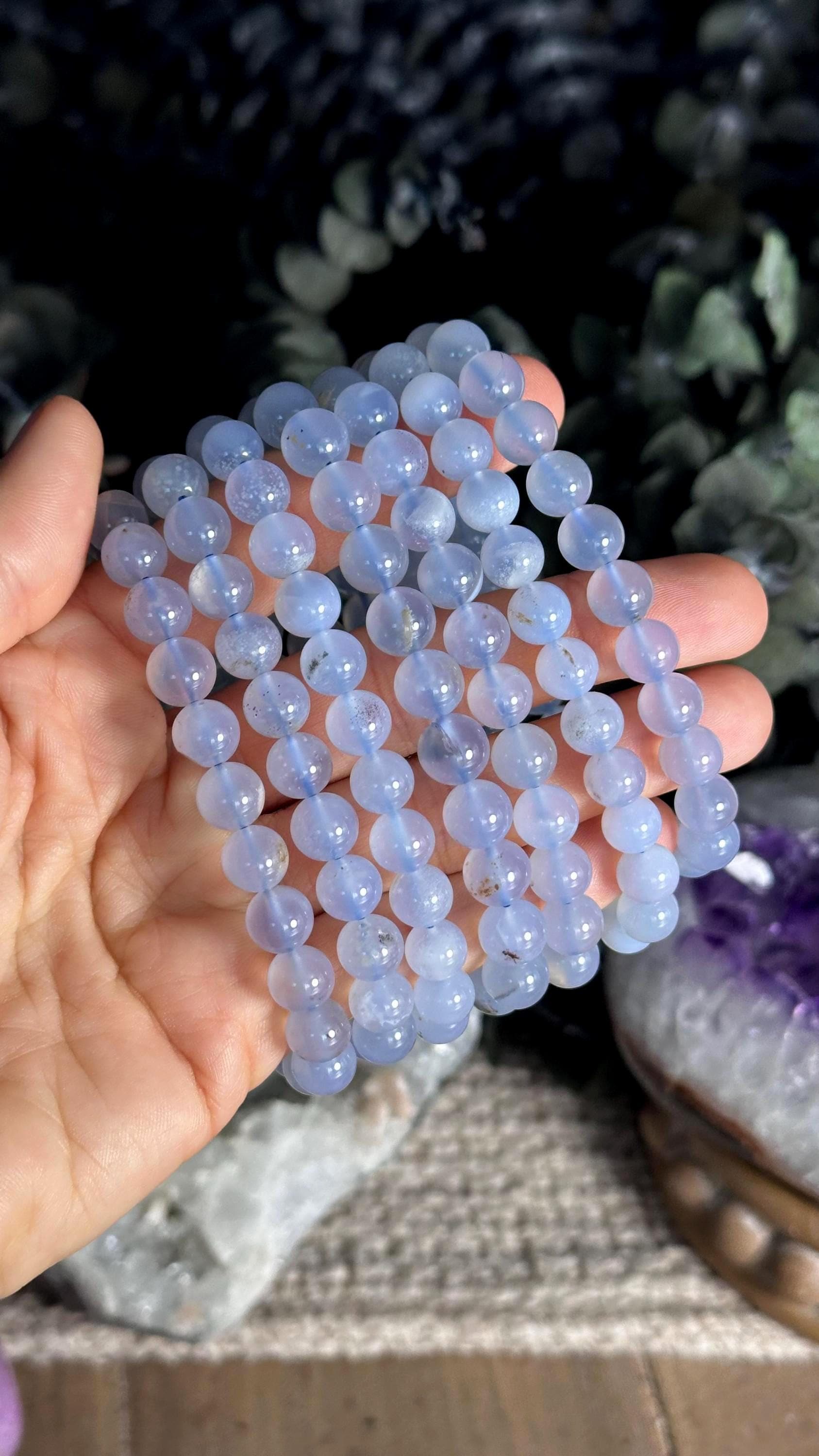 8mm Turkish Blue Chalcedony Stretch Bead Bracelet, Baby Blue Stone