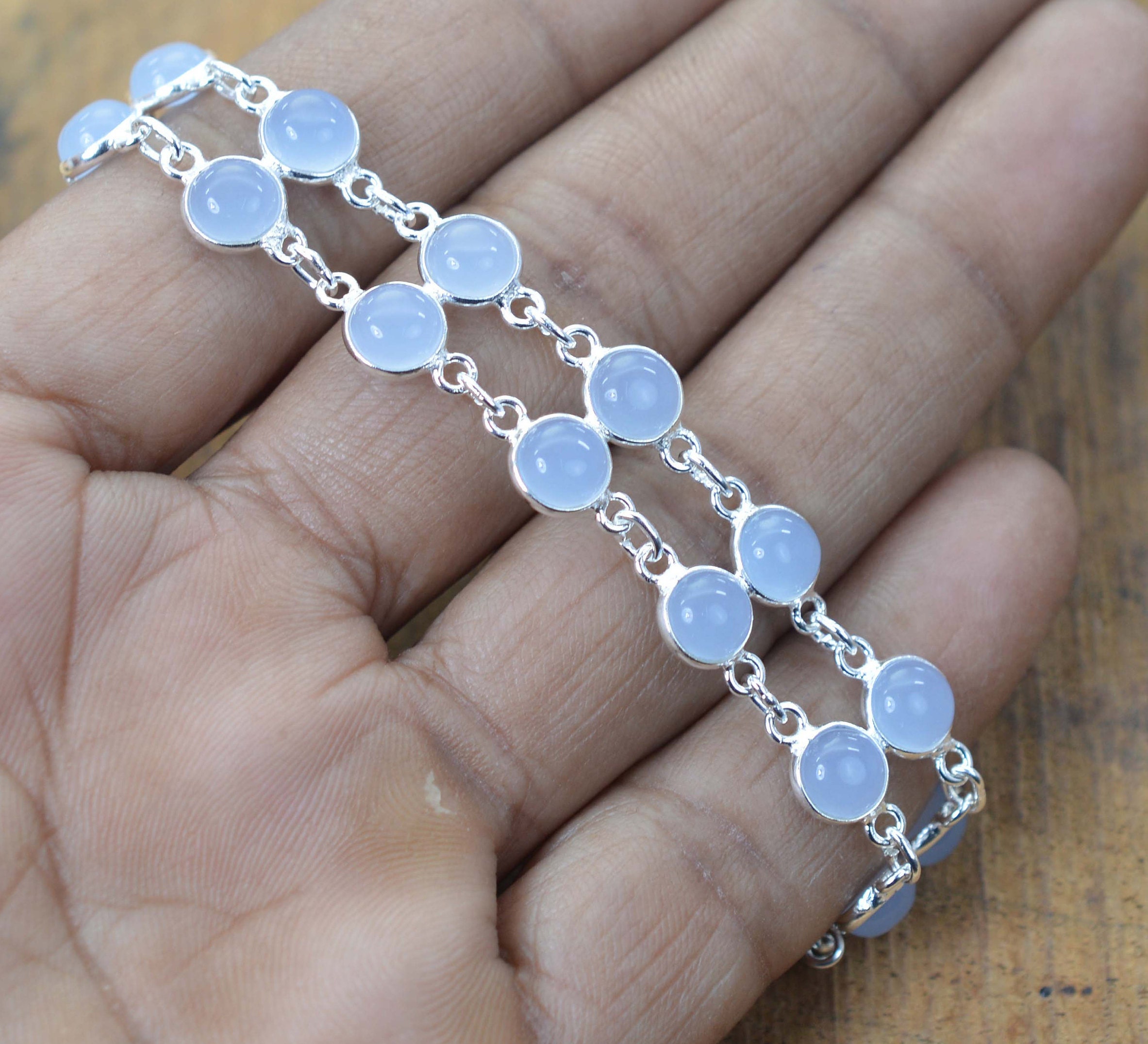 Blue Chalcedony 925 Sterling Silver Gemstone Jewelry 2 Line Adjustable Bracelet Blue Chalcedony 925 Sterling Silver Gemstone Jewelry 2 Line Adjustable Bracelet