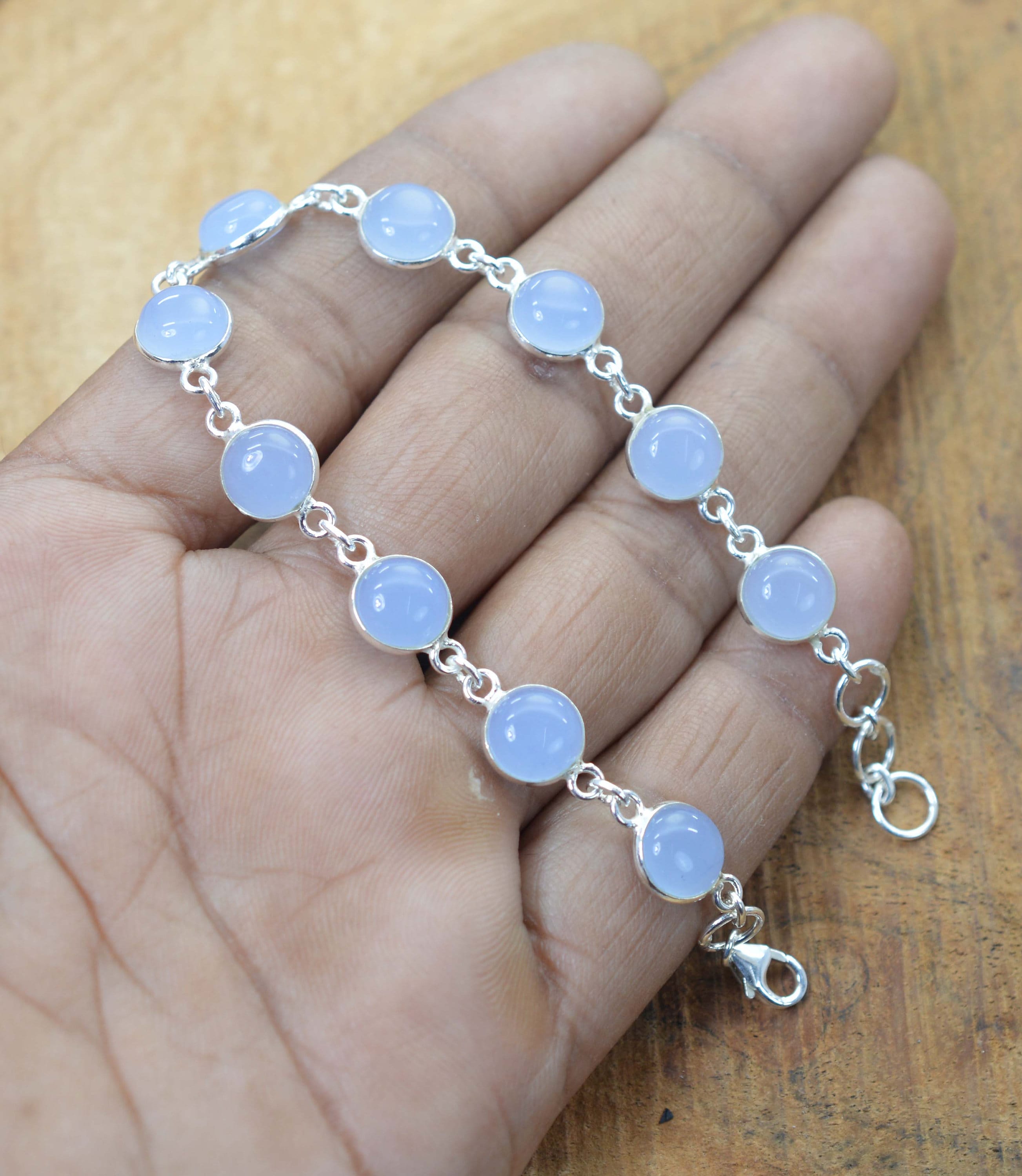 Blue Chalcedony 925 Sterling Silver Gemstone Jewelry Adjustable Bracelet ~ 10 Stone Jewelry