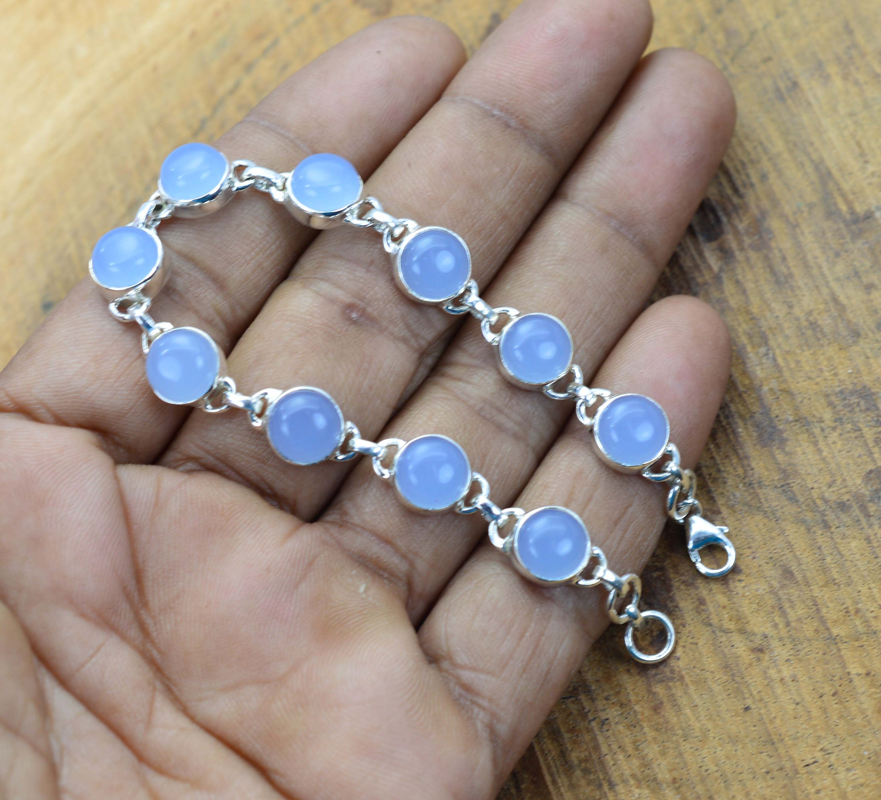Blue Chalcedony 925 Sterling Silver Round Shape Gemstone Adjustable Bracelet Blue Chalcedony 925 Sterling Silver Round Shape Gemstone Adjustable Bracelet