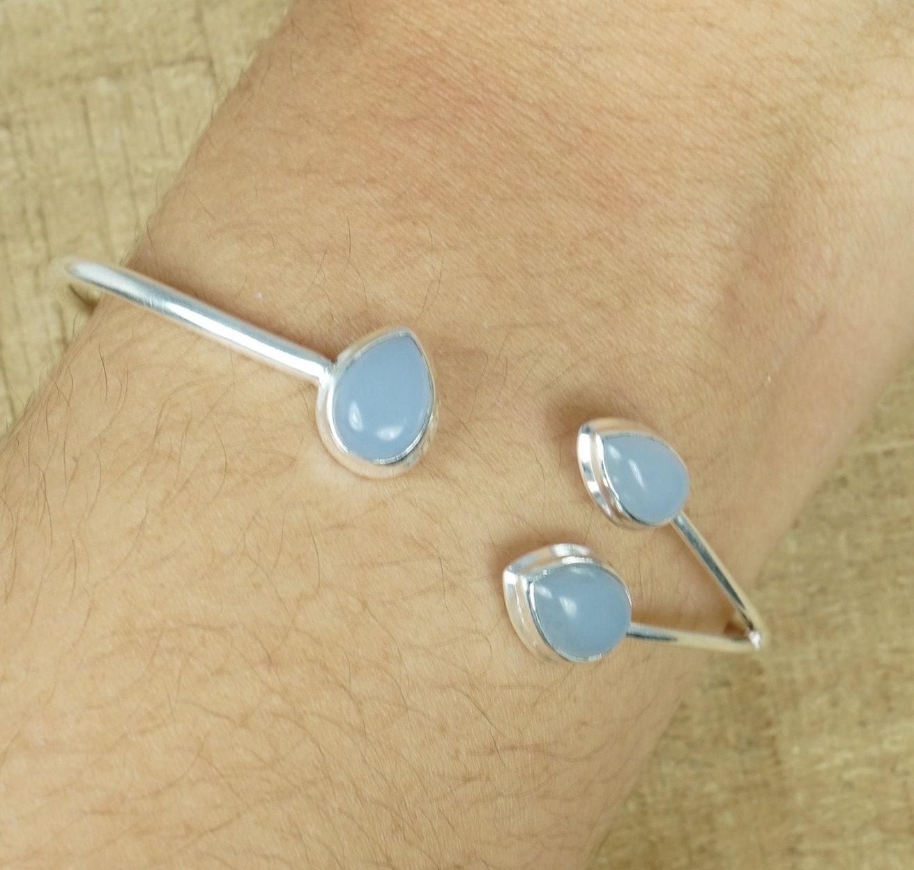 Blue Chalcedony Bangle: Handmade 925 Sterling Silver Adjustable Bracelet Blue Chalcedony Bangle: Handmade 925 Sterling Silver Adjustable Bracelet
