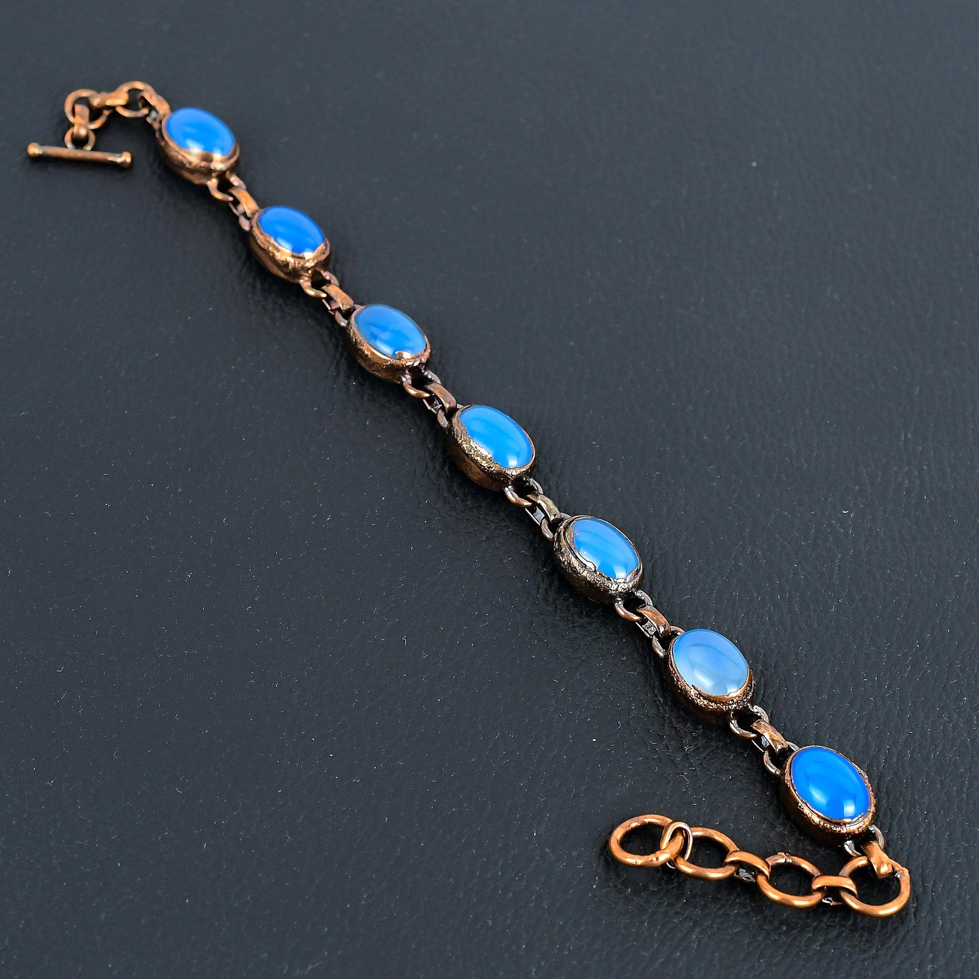 Blue Chalcedony Bracelet, Copper Electroformed Bracelet Adjustable Chain Bracelet Handmade Jewelry, Real Stone Bracelet Jewelry Gift For Mom