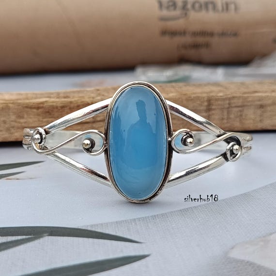 Handmade Blue Chalcedony Bangle: 925 Sterling Silver Adjustable Bracelet