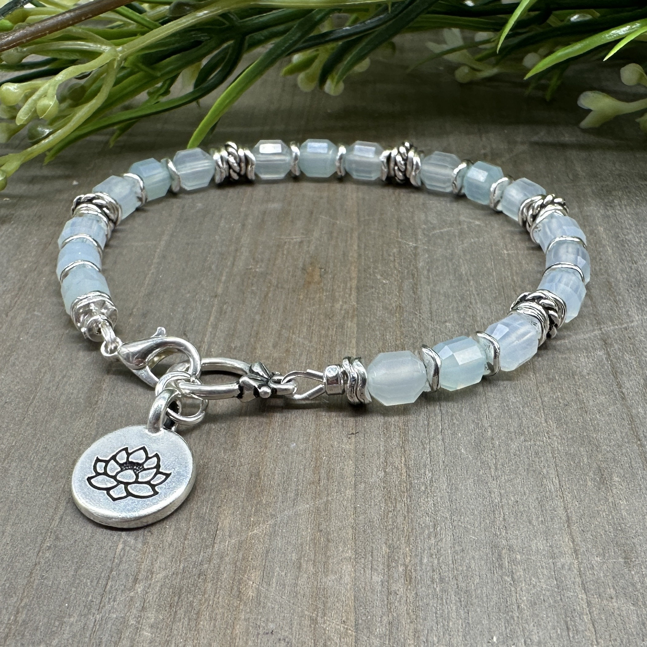 Light Blue Chalcedony Bracelet: Faceted Gemstone Beaded Bracelet With Lotus Charm
